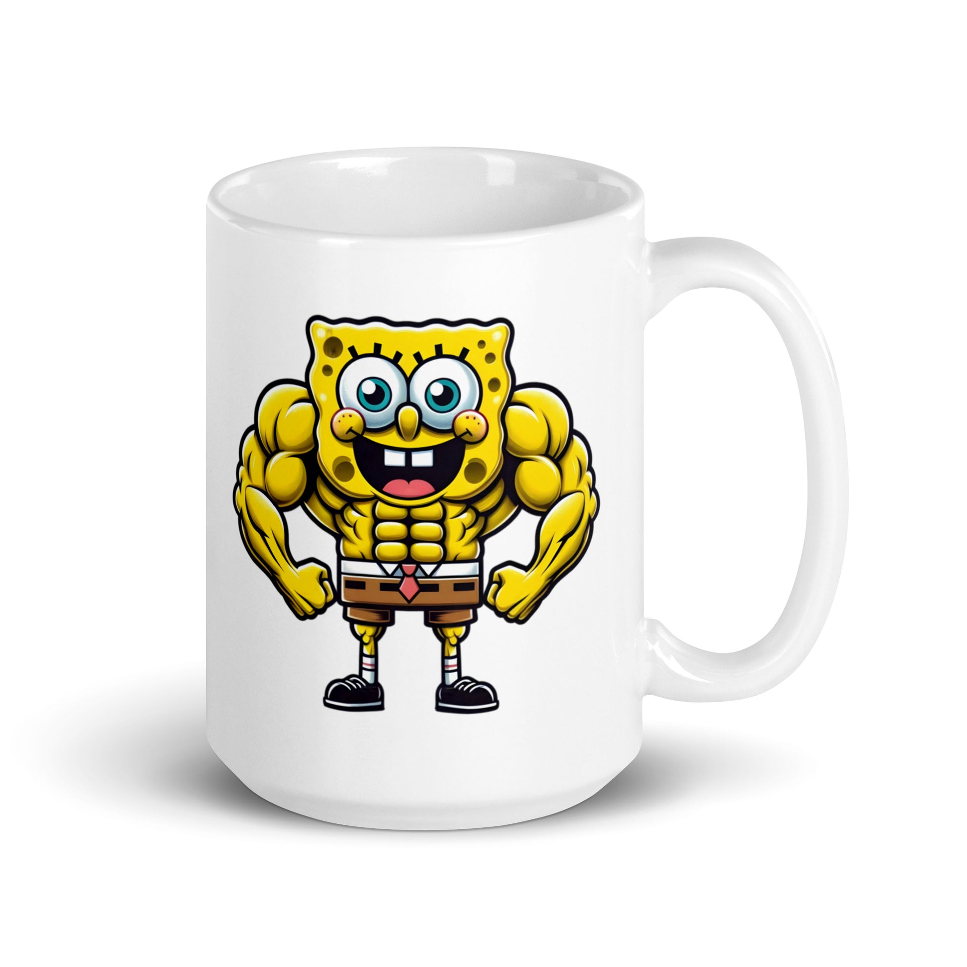 15oz mug with the insanely buff SwoleBob BuffPants, a SpongeBob mashup for true gym warriors, handle on the right.