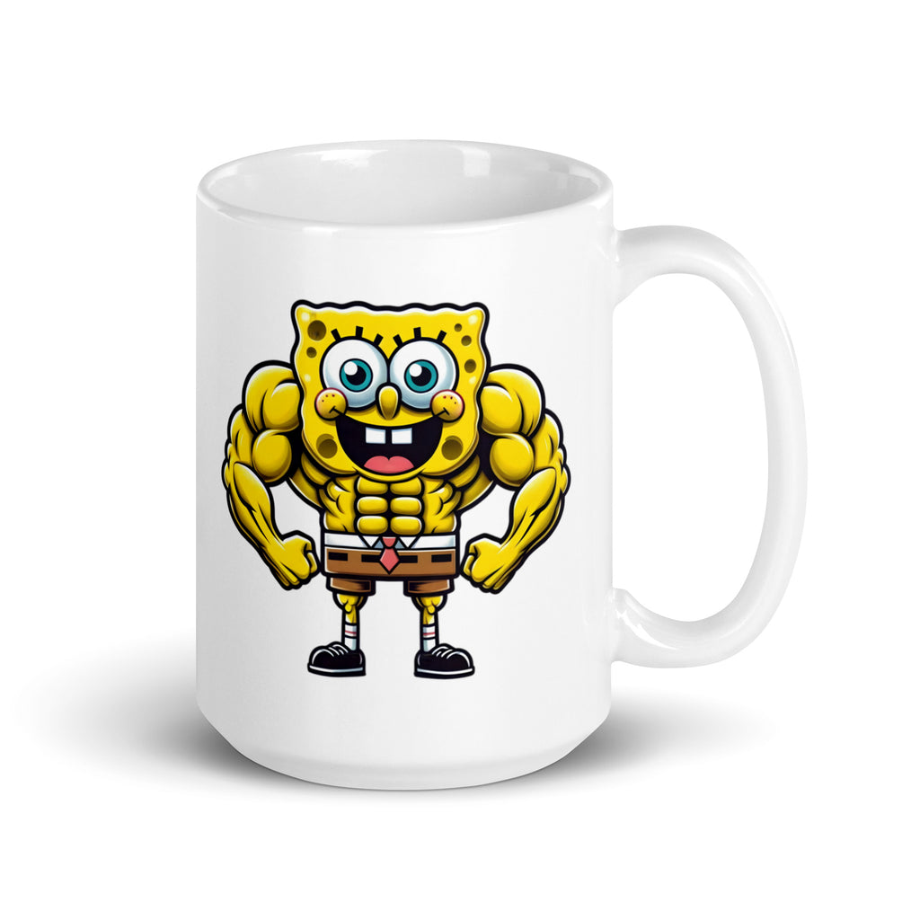 15oz mug with the insanely buff SwoleBob BuffPants, a SpongeBob mashup for true gym warriors, handle on the right.