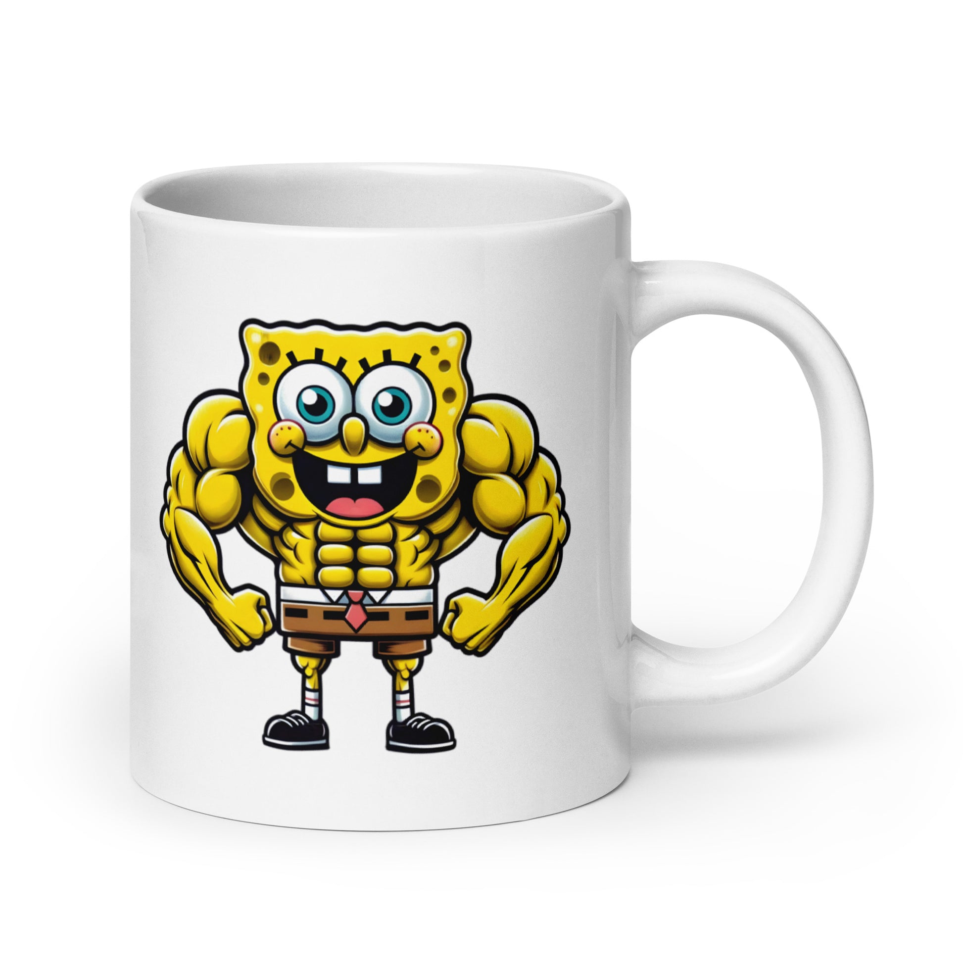 20oz mug showcasing SwoleBob BuffPants, the most jacked SpongeBob mug on the planet, handle on the right.