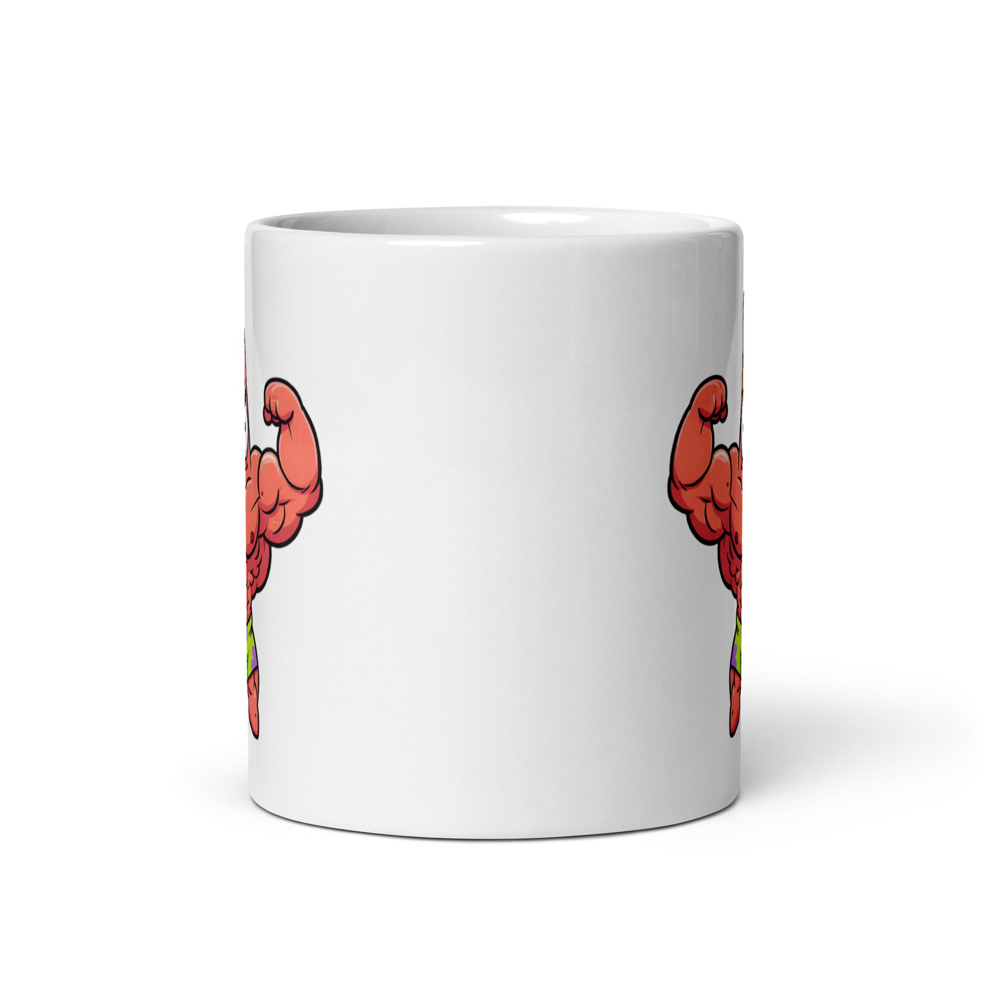 11oz mug showcasing Buff Patrick, a SpongeBob Patrick mashup with maximum flex appeal, front view with glimpses of the design on both sides.