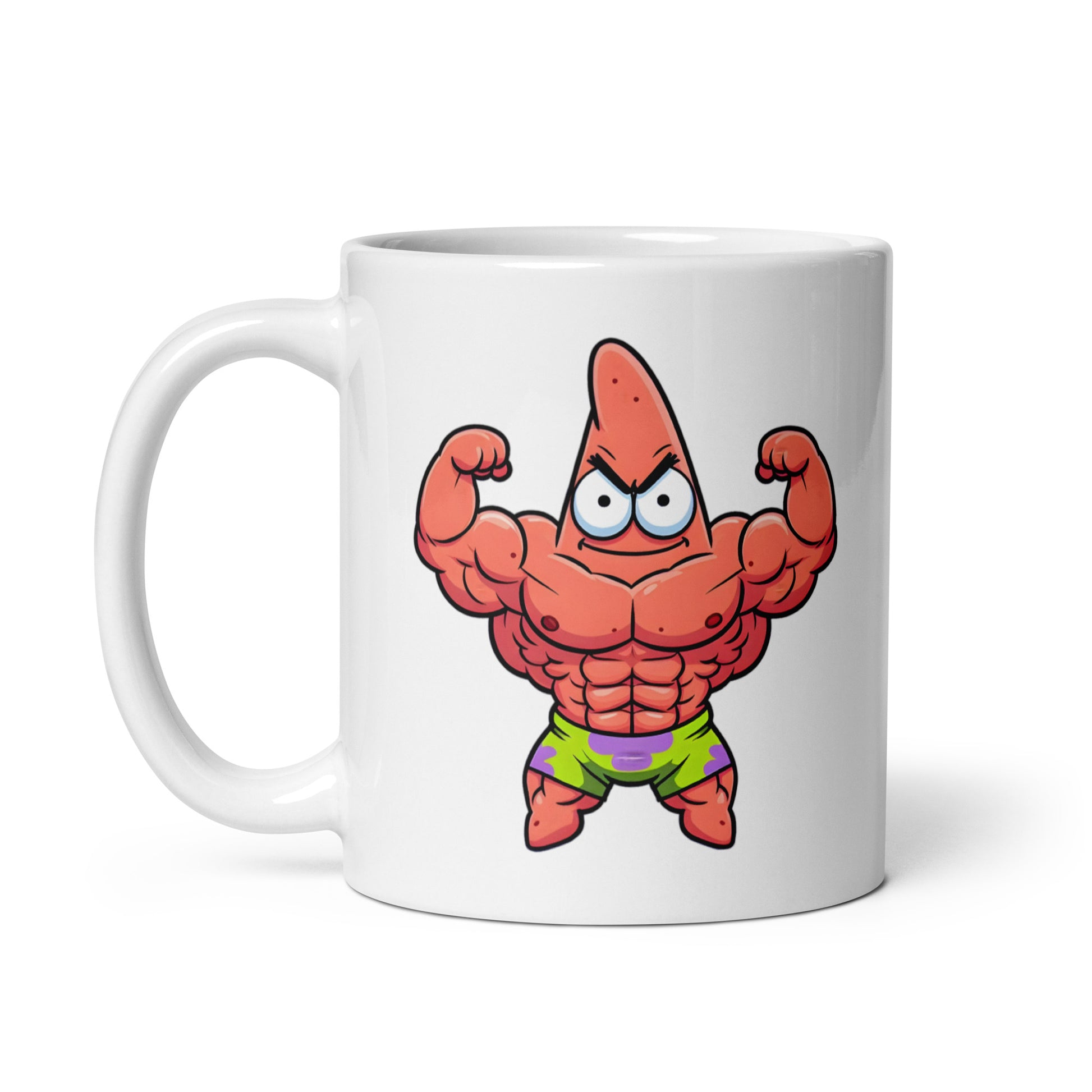 11oz mug with Buff Patrick, the ridiculously muscular Patrick Star, handle on the left.