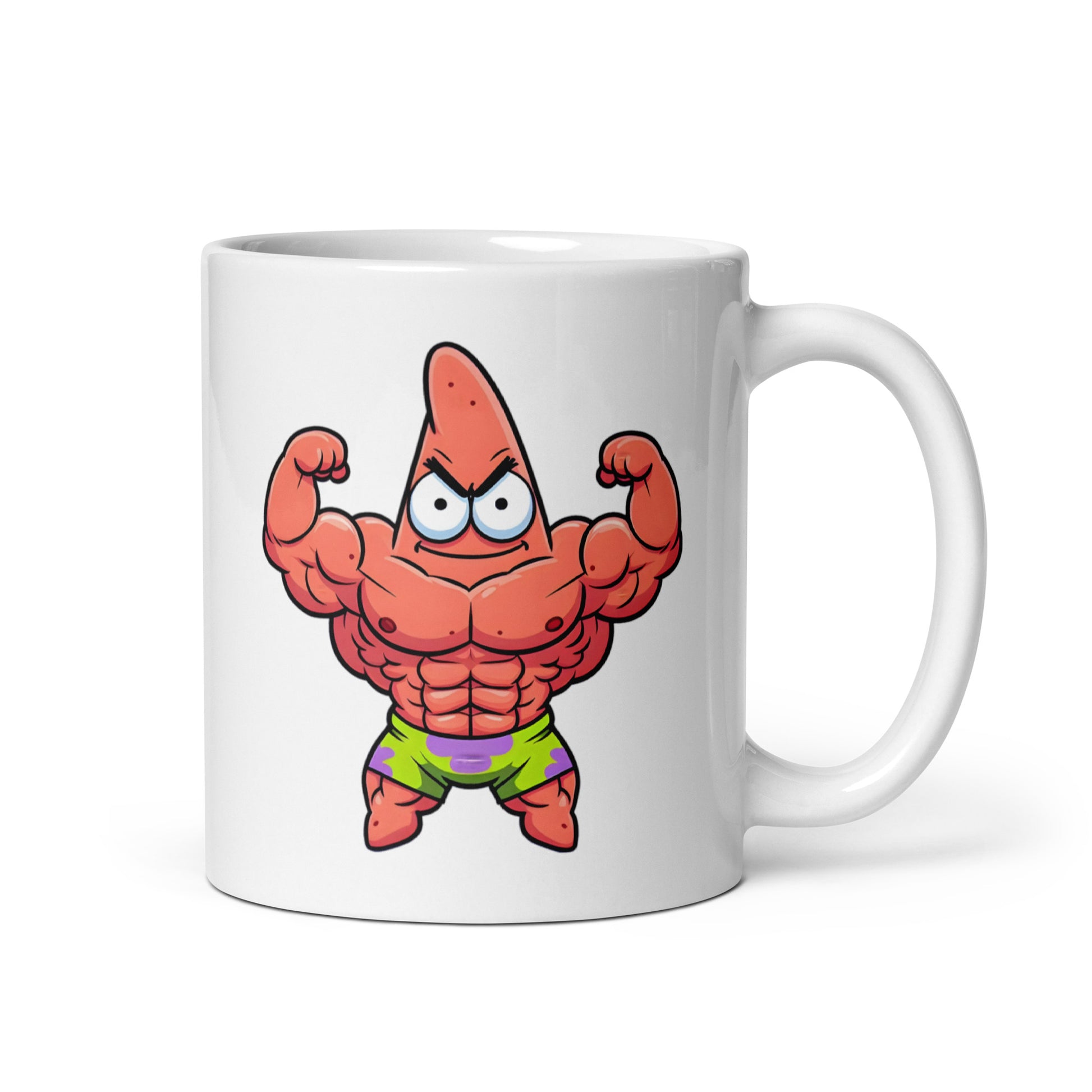 11oz mug featuring Buff Patrick, the strongest (and most excited) starfish, handle on the right