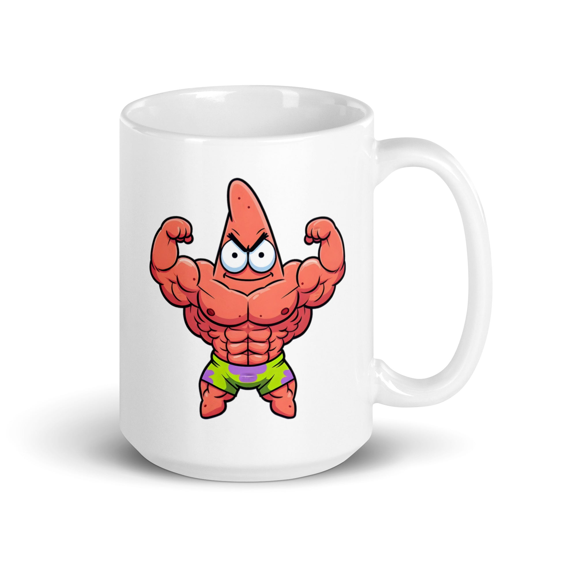 15oz mug featuring Buff Patrick, Patrick’s ultimate flex transformation, handle on the right.