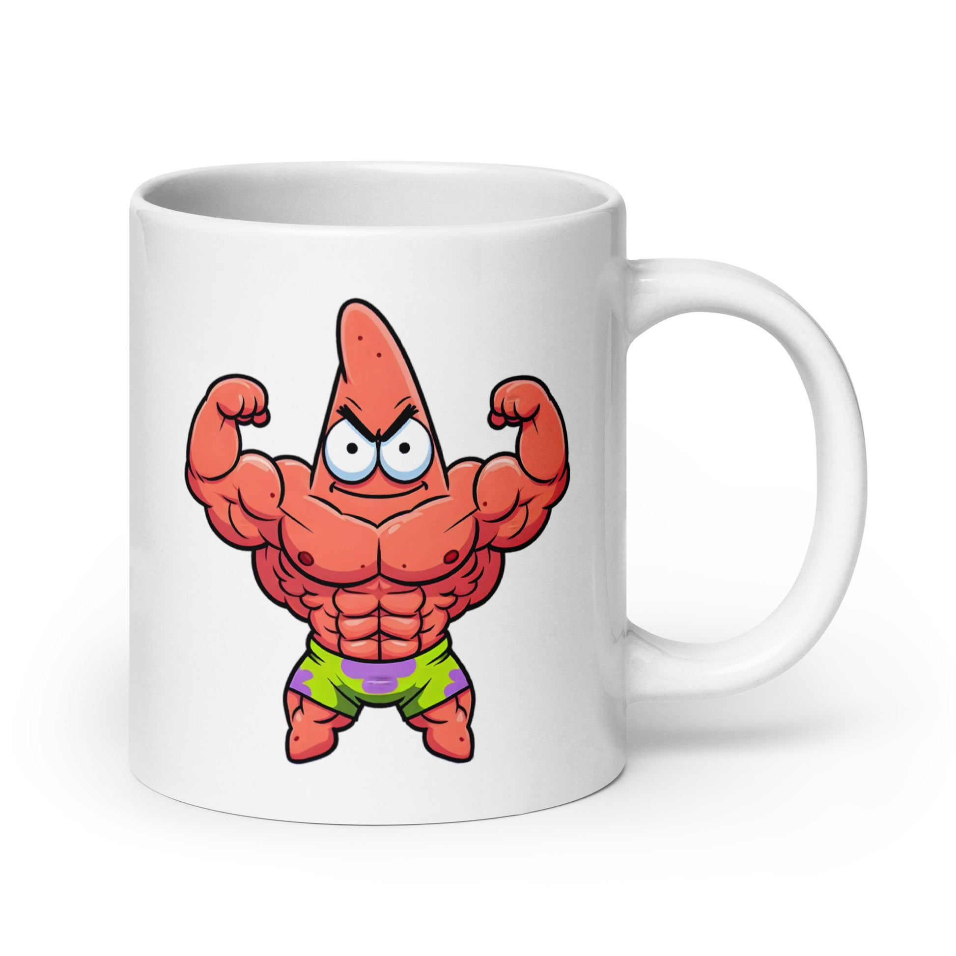 20oz mug showcasing Buff Patrick, the most unexpectedly jacked sea creature, handle on the right.