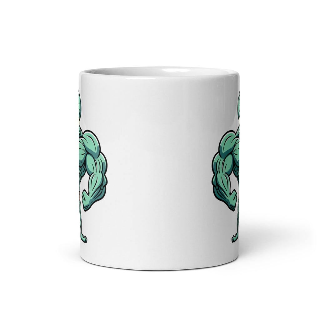 11oz mug showcasing SquidFlex in full muscle glory, front view with glimpses of the design on both sides.