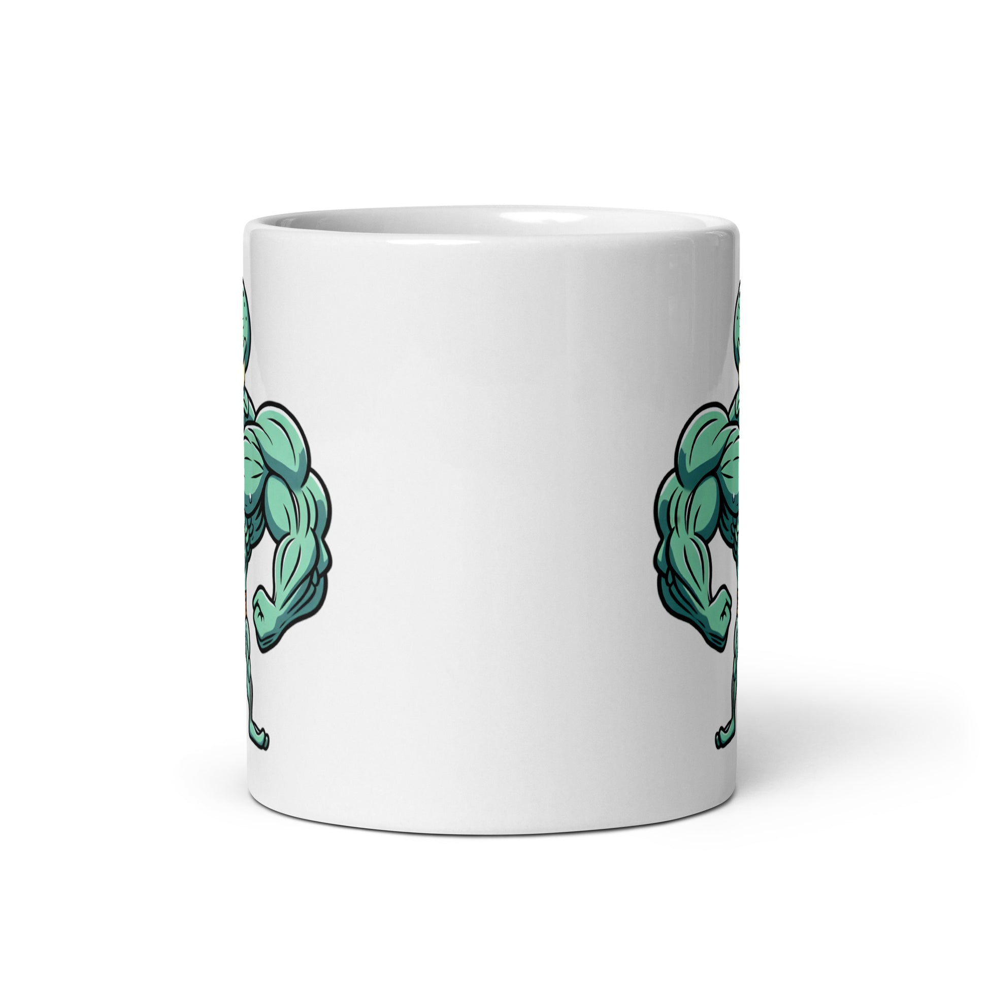 11oz mug showcasing SquidFlex in full muscle glory, front view with glimpses of the design on both sides.