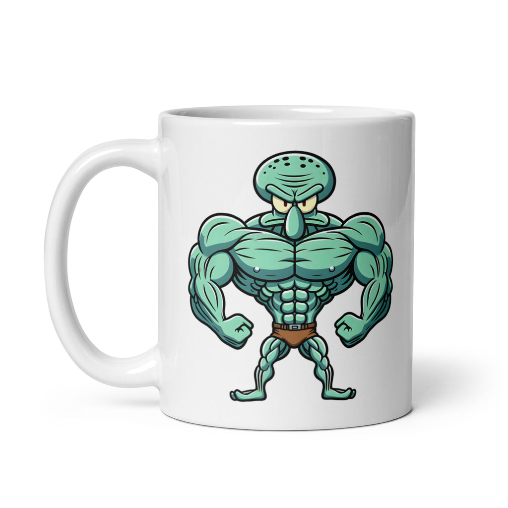 11oz mug featuring SquidFlex, the overly jacked yet still unimpressed Squidward, handle on the left.
