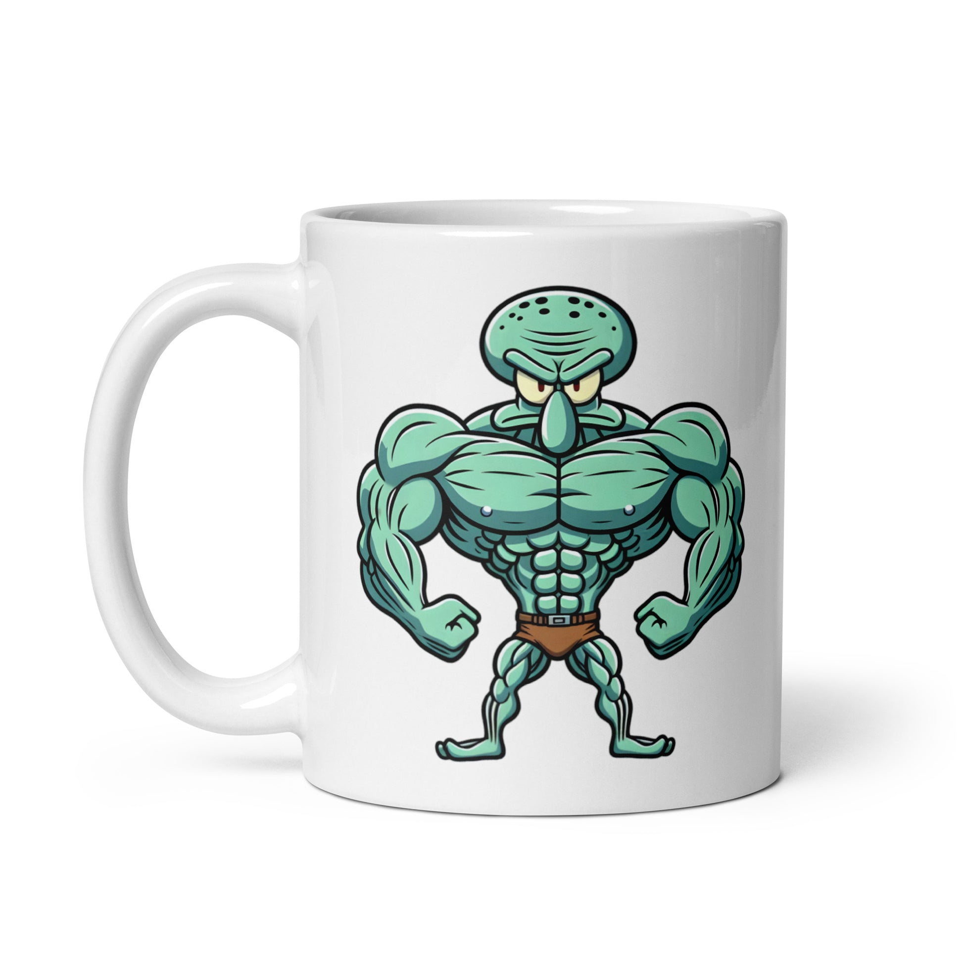 11oz mug featuring SquidFlex, the overly jacked yet still unimpressed Squidward, handle on the left.