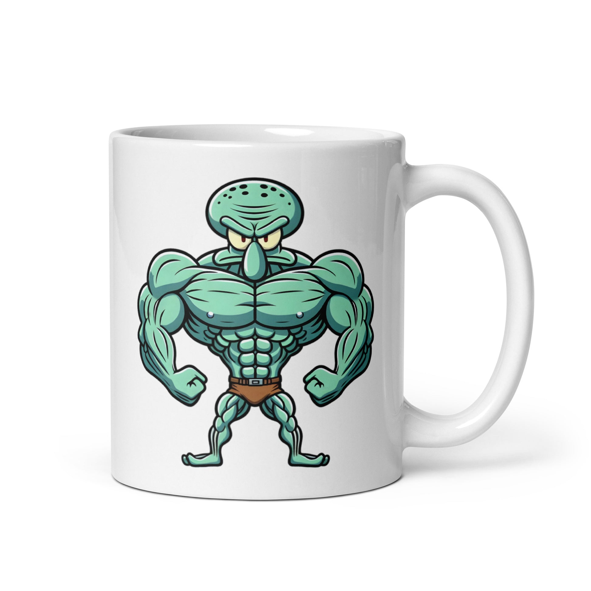 11oz mug featuring SquidFlex, the buffest Squidward to ever exist, handle on the right.