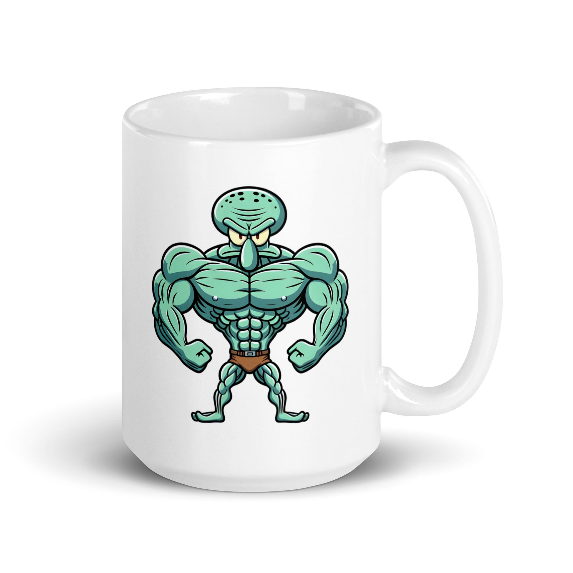 15oz mug with SquidFlex, the strong yet sophisticated SpongeBob character mashup, handle on the right.