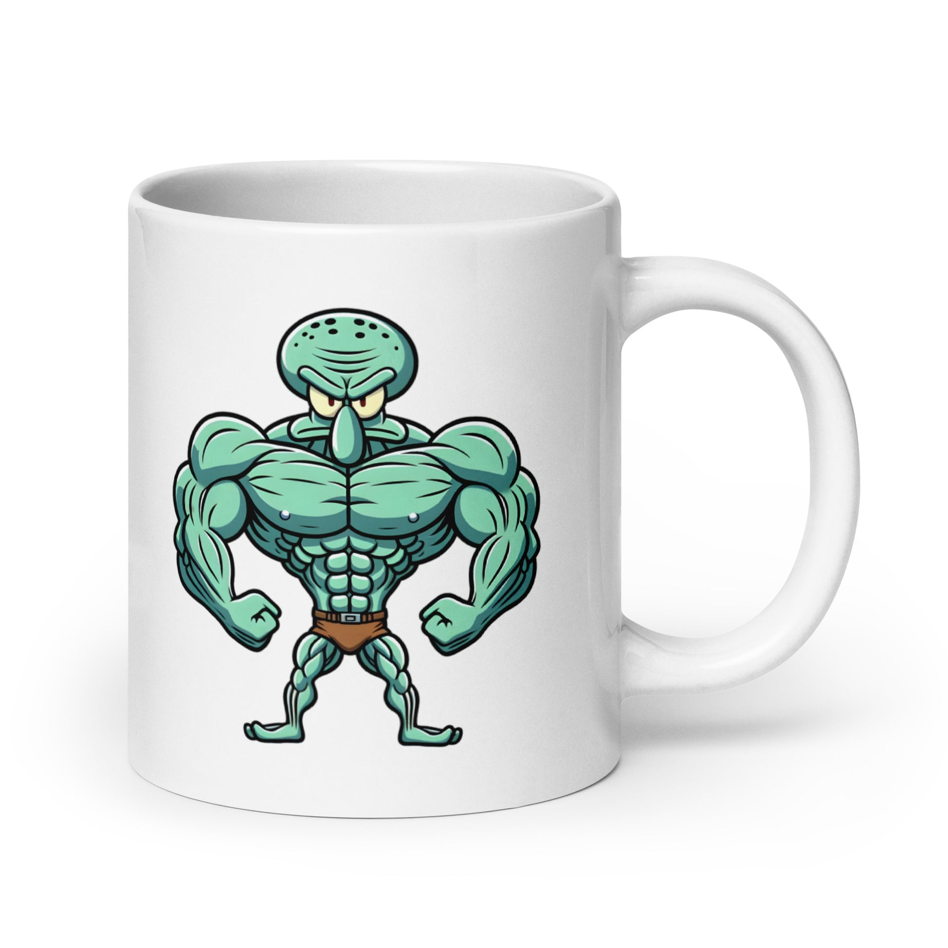 20oz mug showcasing SquidFlex, an unexpectedly shredded Squidward masterpiece, handle on the right.