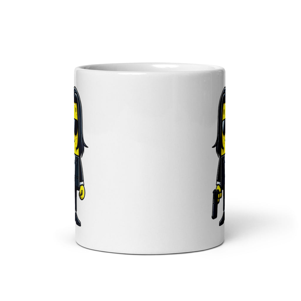 11oz mug showcasing SpongeJohn WickPants, a SpongeBob x John Wick crossover, front view with glimpses of the design on both sides.