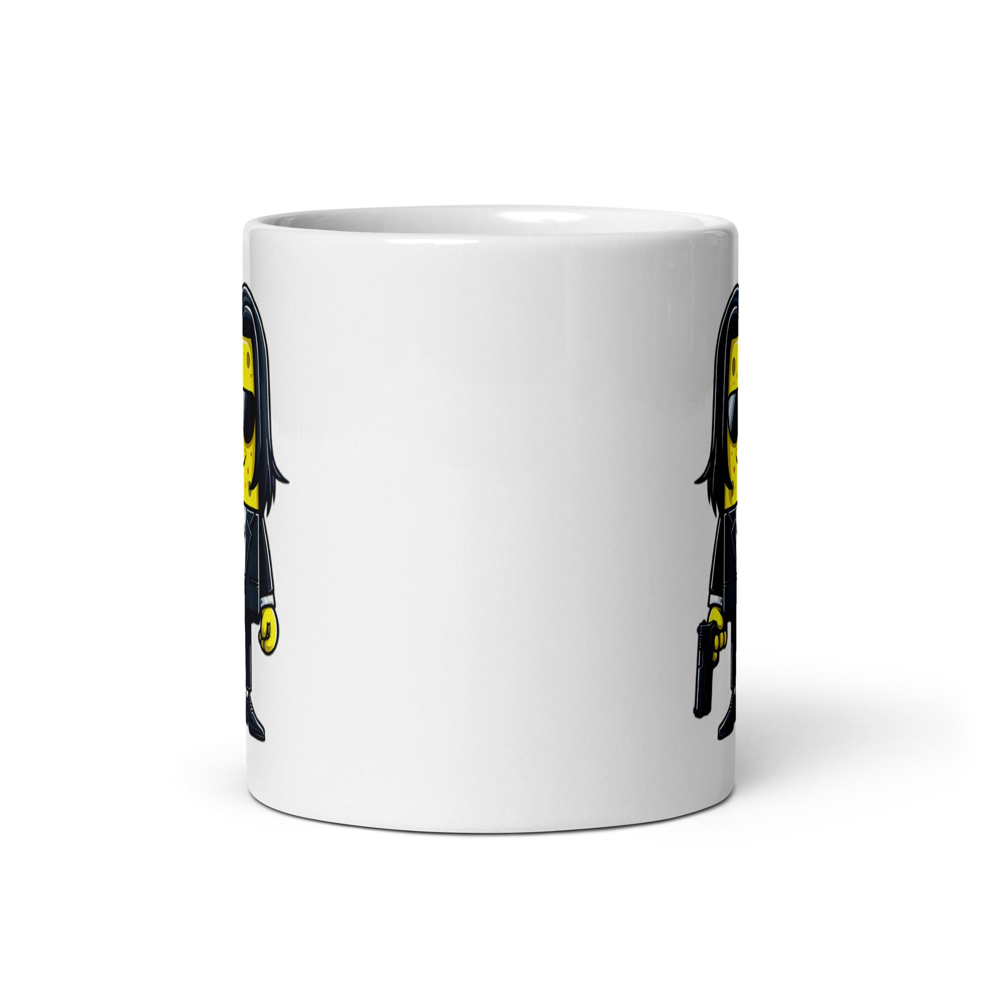 11oz mug showcasing SpongeJohn WickPants, a SpongeBob x John Wick crossover, front view with glimpses of the design on both sides.