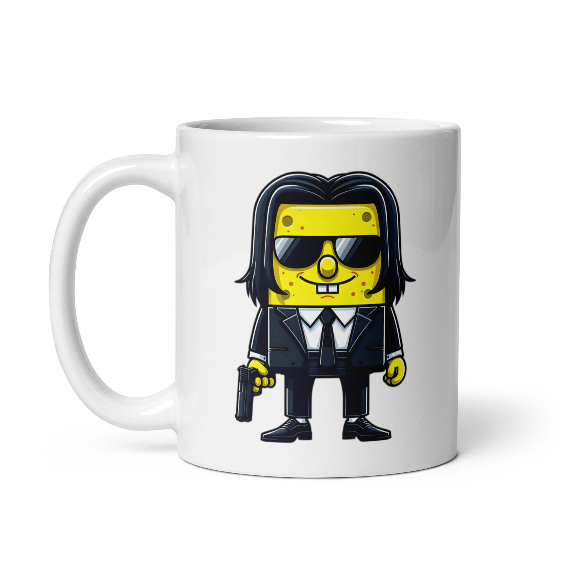 11oz mug with SpongeJohn WickPants artwork, the SpongeBob and John Wick mashup, handle on the left.