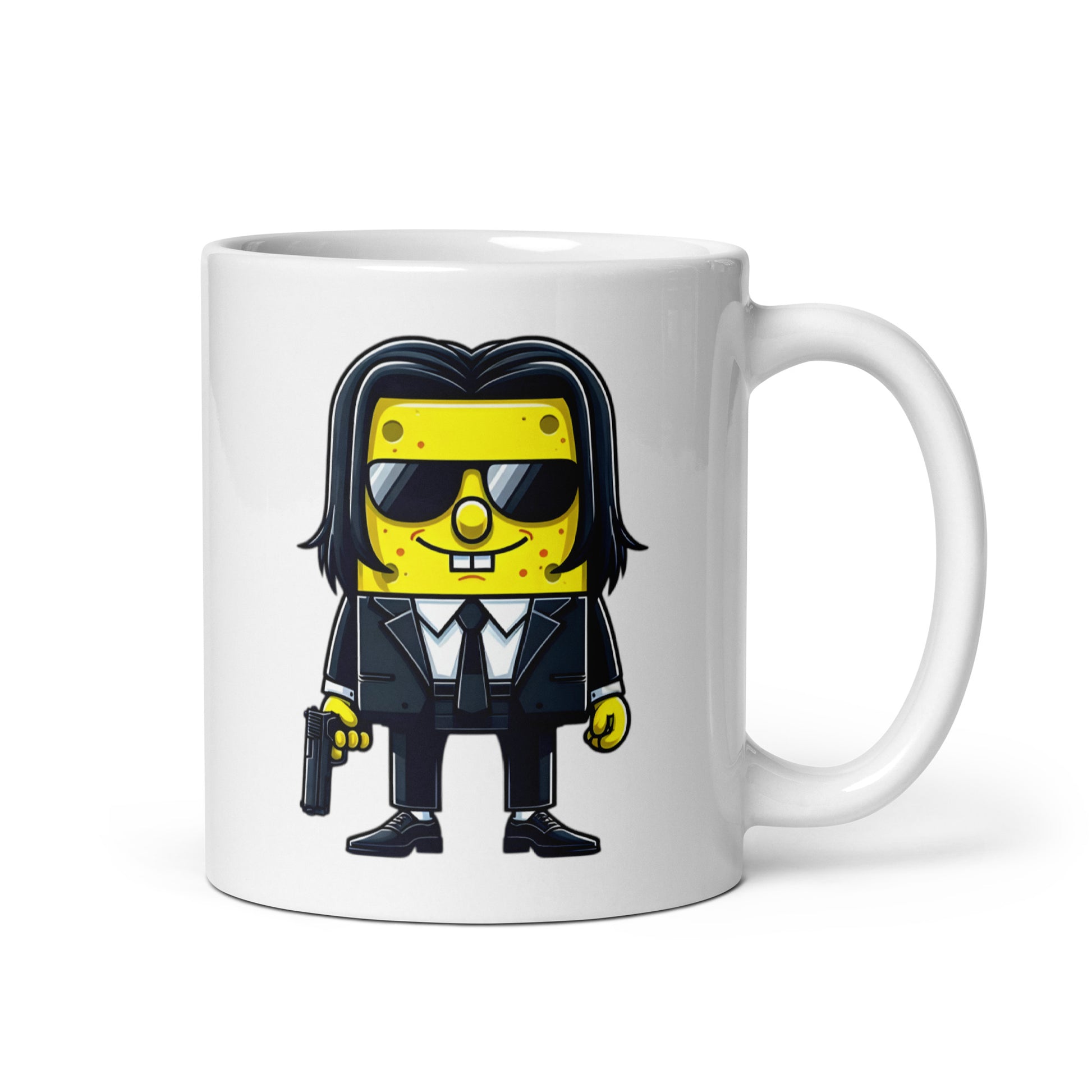 11oz mug featuring the legendary SpongeJohn WickPants, a SpongeBob and John Wick mashup, handle on the right.
