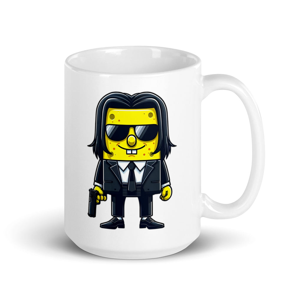 15oz mug featuring SpongeJohn WickPants, blending SpongeBob charm with John Wick intensity, handle on the right.