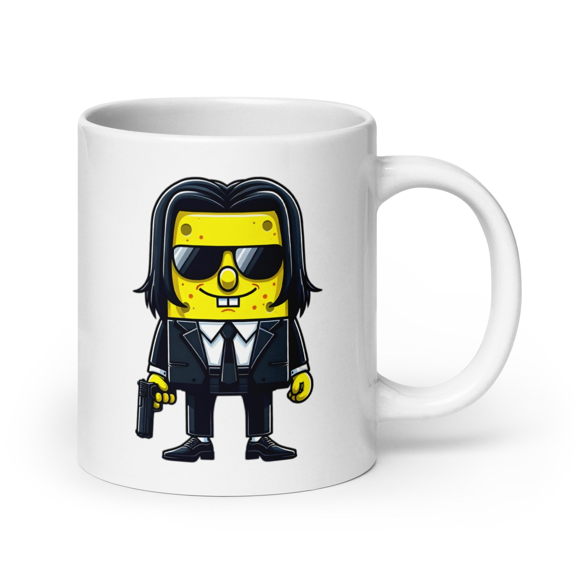20oz mug with the unmistakable SpongeJohn WickPants fusion, a SpongeBob and John Wick mashup, handle on the right.