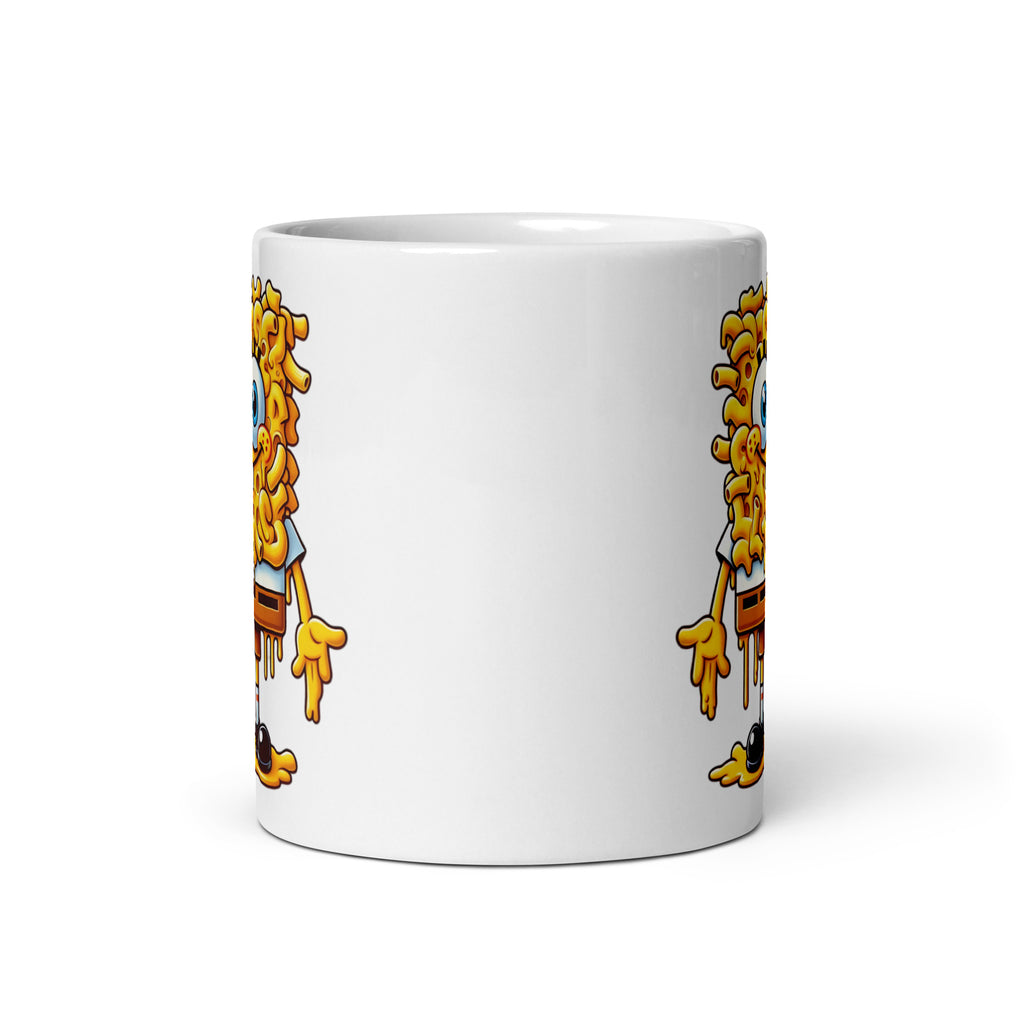 11oz mug showcasing CheddarBob SquareBowl, a SpongeBob and mac and cheese mashup, in a front view with glimpses of the design on both sides.