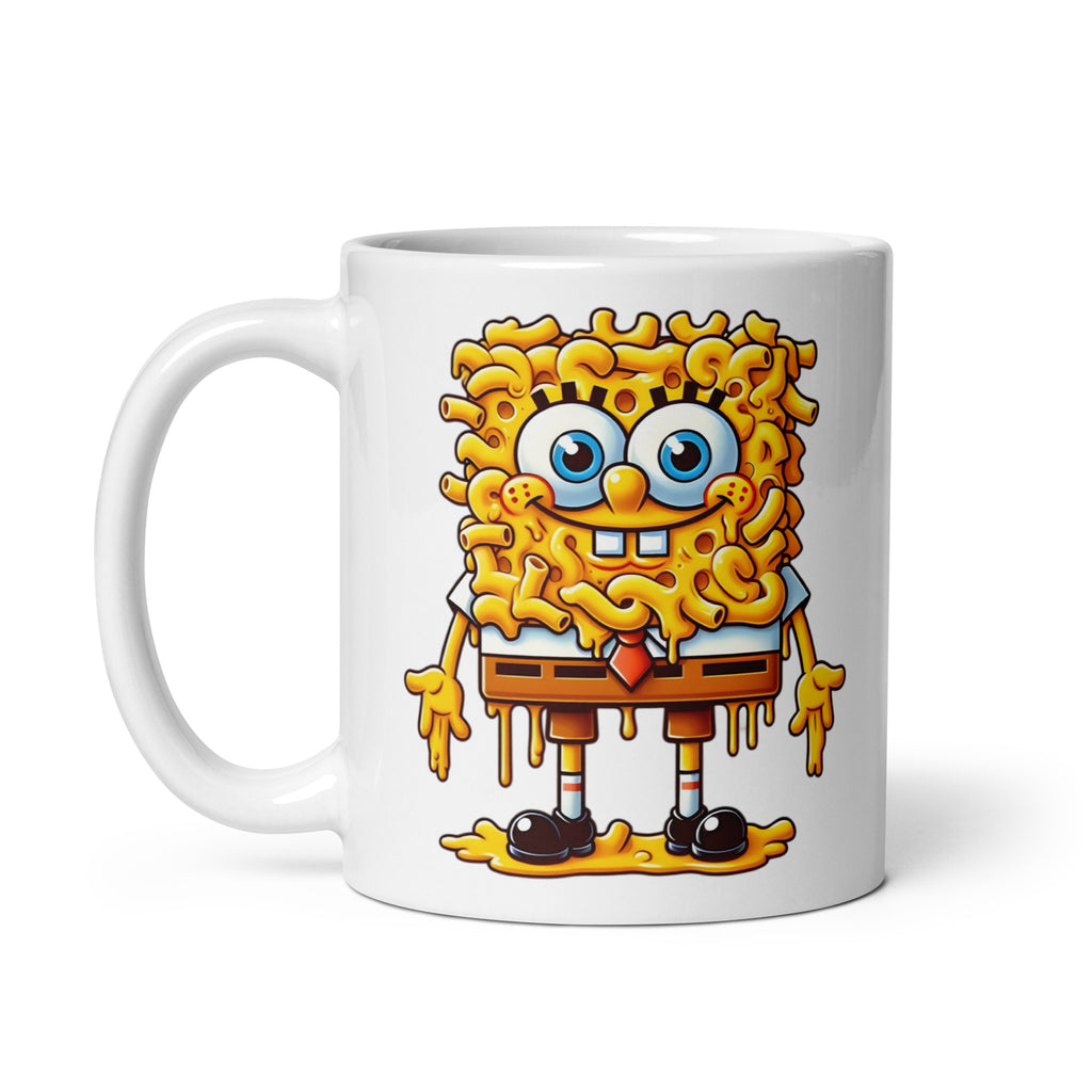 11oz mug with CheddarBob SquareBowl mac and cheese artwork, SpongeBob-inspired, handle on the left.