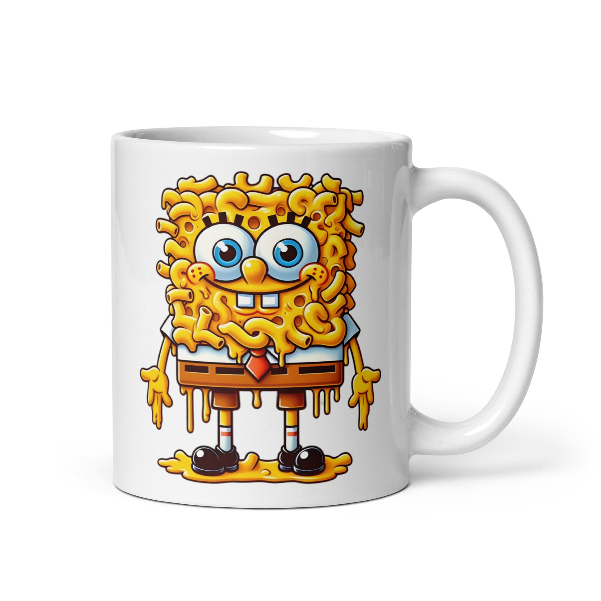 11oz mug featuring the legendary CheddarBob SquareBowl mac and cheese design, inspired by SpongeBob, handle on the right.