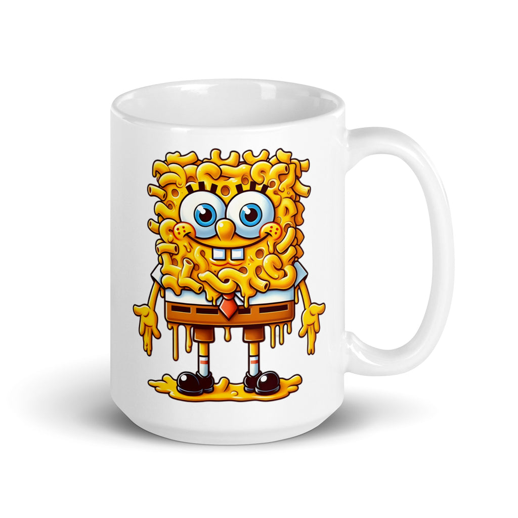 15oz mug with the iconic CheddarBob SquareBowl mac and cheese mashup, featuring a SpongeBob twist, handle on the right.
