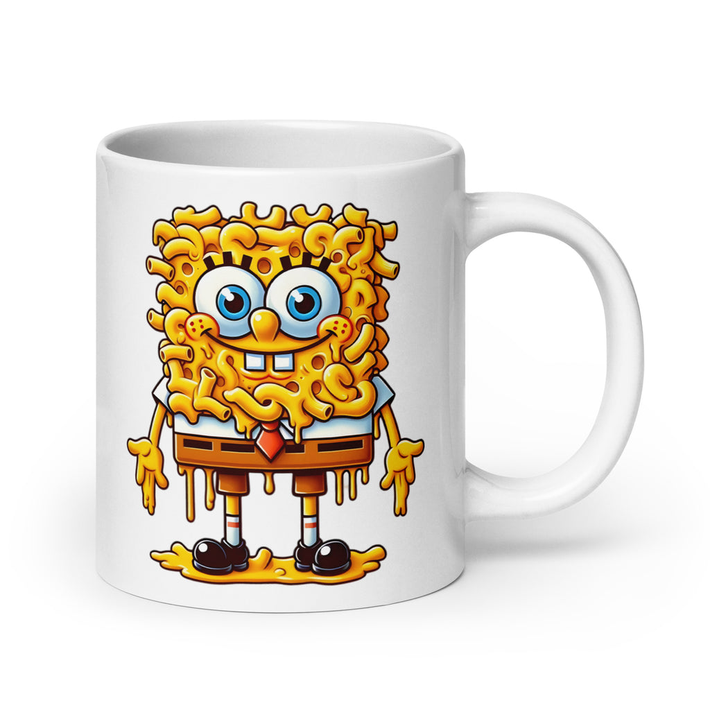 20oz mug showcasing CheddarBob SquareBowl, the ultimate SpongeBob mac and cheese crossover, handle on the right.