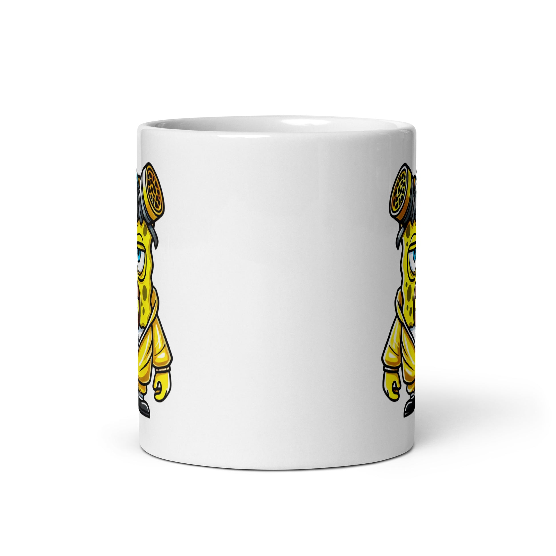 Front view of the Spongenberg Mug (11oz), featuring a clean, bold center design with partial glimpses of the SpongeBob x Walter White mashup character on the left and right edges.
