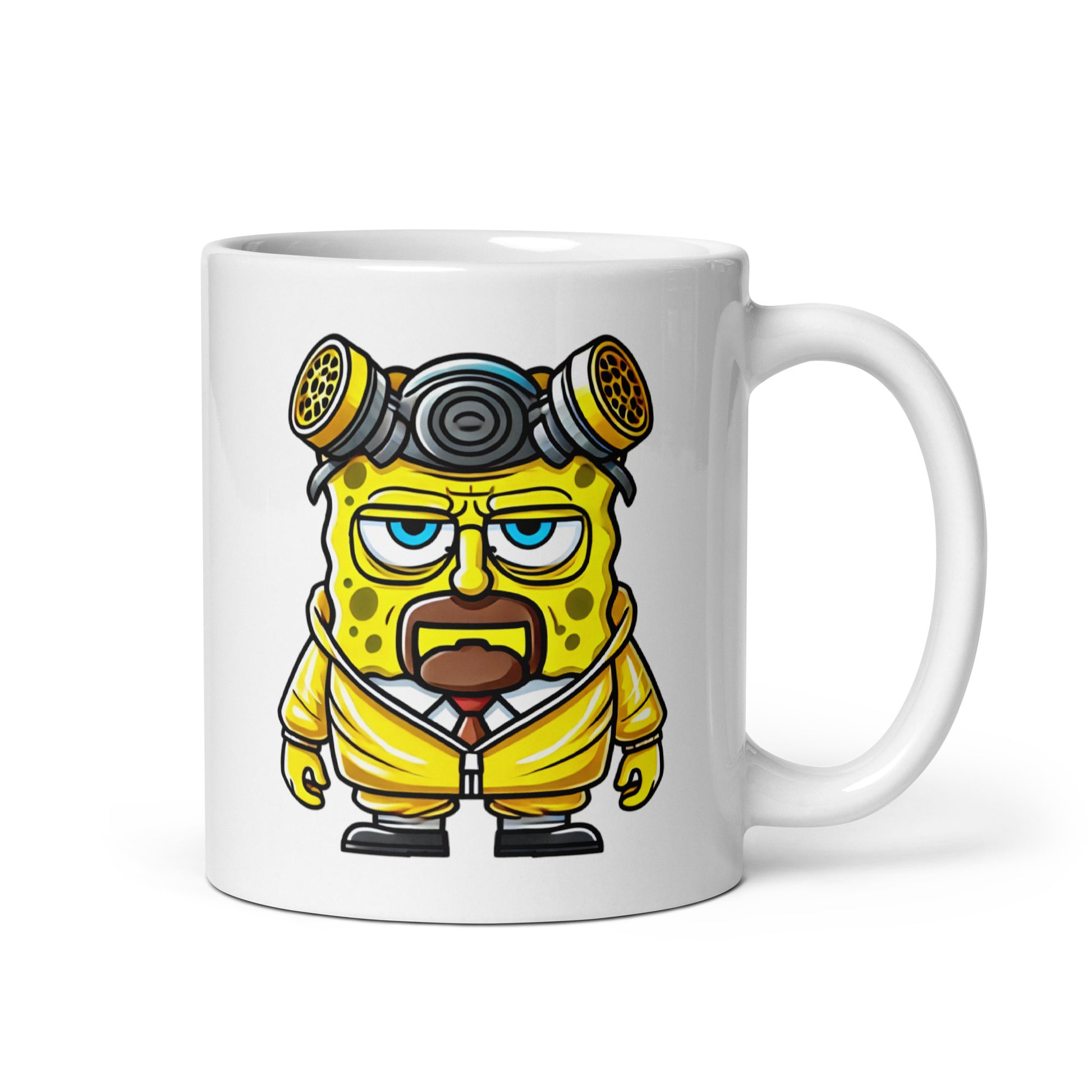 Close-up of the left side of the Spongenberg Mug (11oz), showcasing the full mashup character design of SpongeBob SquarePants as Walter White from Breaking Bad, printed on a ceramic coffee cup.