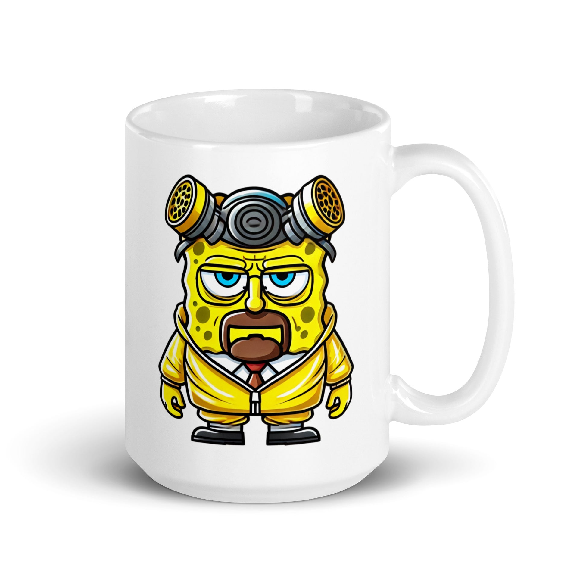 Close-up of the Spongenberg Mug (15oz), featuring the full SpongeBob x Breaking Bad mashup character, SpongeBob turned into Walter White, in vibrant print on larger-sized geeky drinkware for fans who need extra fuel.