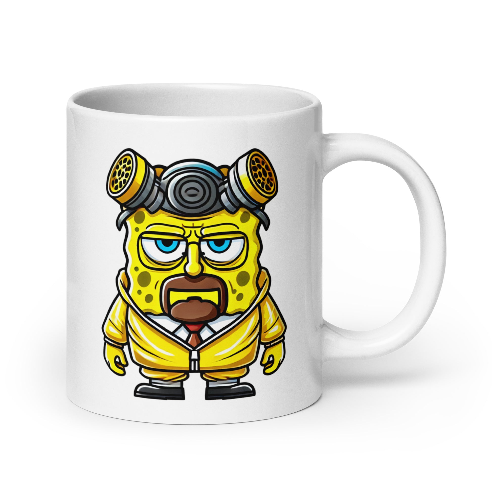 Extra-large Spongenberg Mug (20oz), featuring the SpongeBob and Walter White fusion character, blending Krabby Patty chaos with meth lab madness, printed on an oversized meme-worthy coffee cup—perfect for collectors and fans.