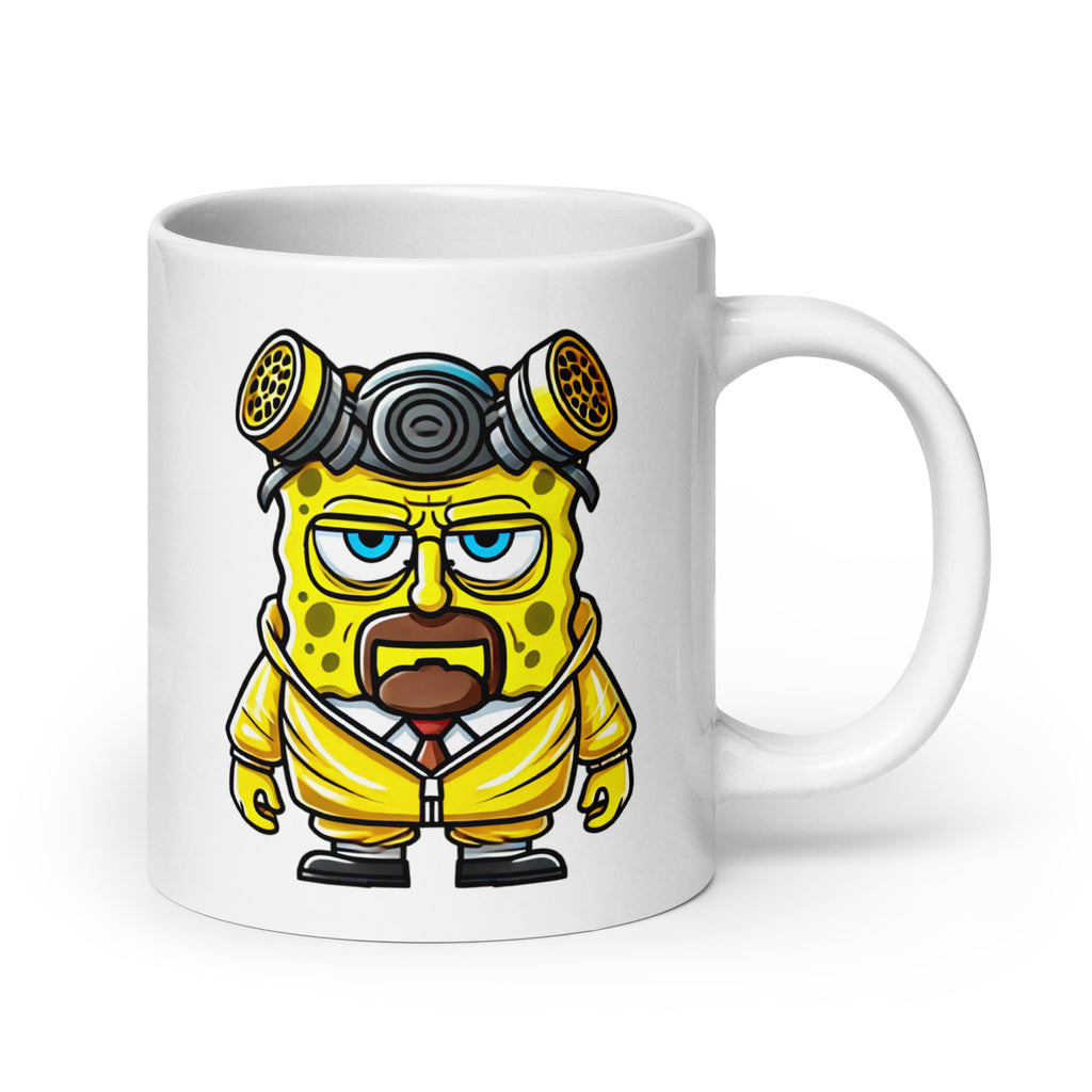 Extra-large Spongenberg Mug (20oz), featuring the SpongeBob and Walter White fusion character, blending Krabby Patty chaos with meth lab madness, printed on an oversized meme-worthy coffee cup—perfect for collectors and fans.