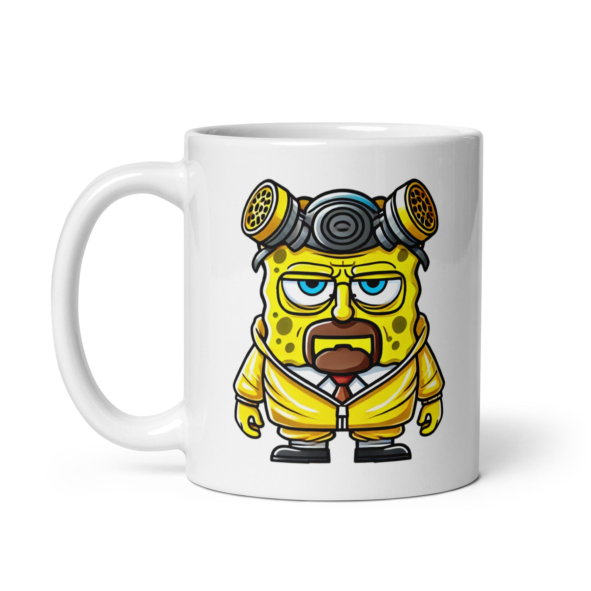 Close-up of the right side of the Spongenberg Mug (11oz), displaying the full fusion of SpongeBob and Walter White, the Breaking Bad meets Bikini Bottom crossover character, on a funny novelty coffee cup.