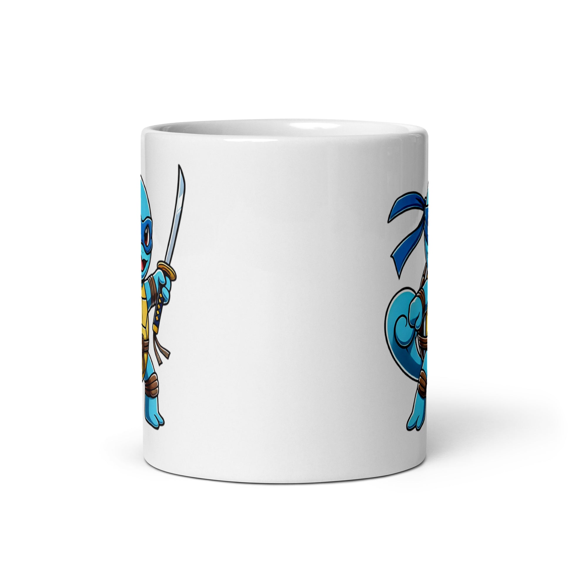 Front-facing shot of the Squirtle Ninja Turtle Mug (11oz), featuring a clean, bold center design with partial glimpses of the Squirtle-Leonardo mashup character on the left and right edges.