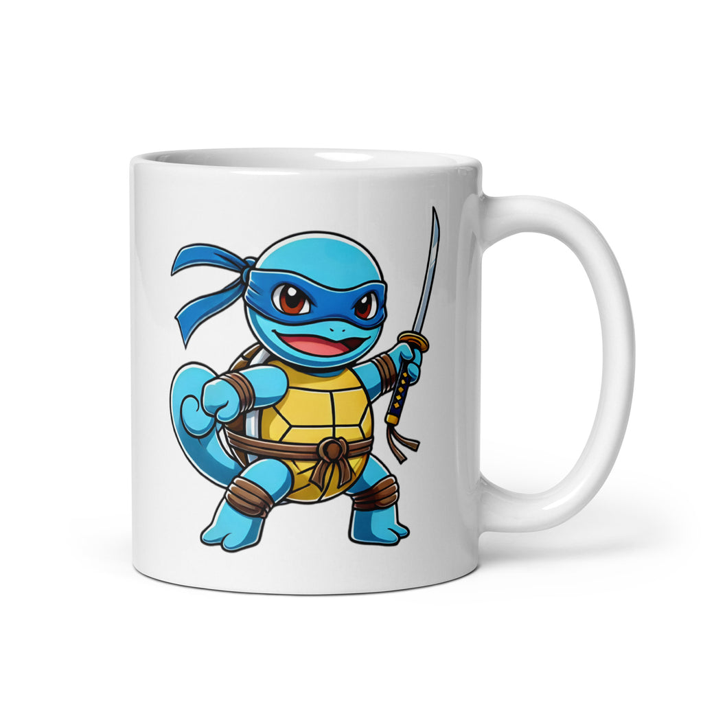 Close-up of the left side of the Squirtle Ninja Turtle Mug (11oz), showcasing the full mashup character design featuring Squirtle dressed as Leonardo from Teenage Mutant Ninja Turtles, printed on a high-quality ceramic coffee cup.