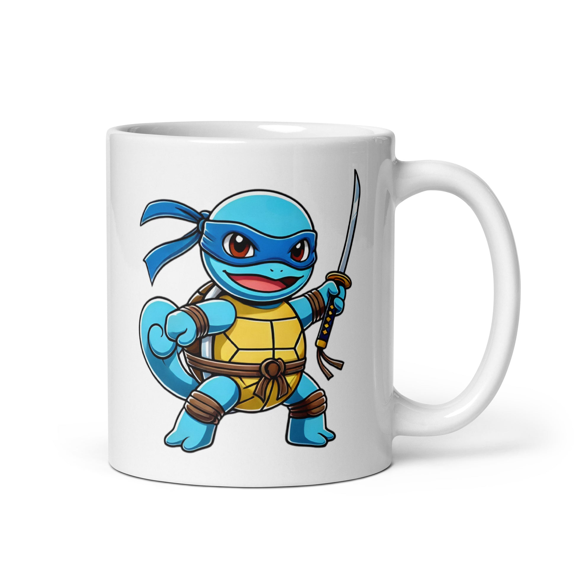 Close-up of the left side of the Squirtle Ninja Turtle Mug (11oz), showcasing the full mashup character design featuring Squirtle dressed as Leonardo from Teenage Mutant Ninja Turtles, printed on a high-quality ceramic coffee cup.