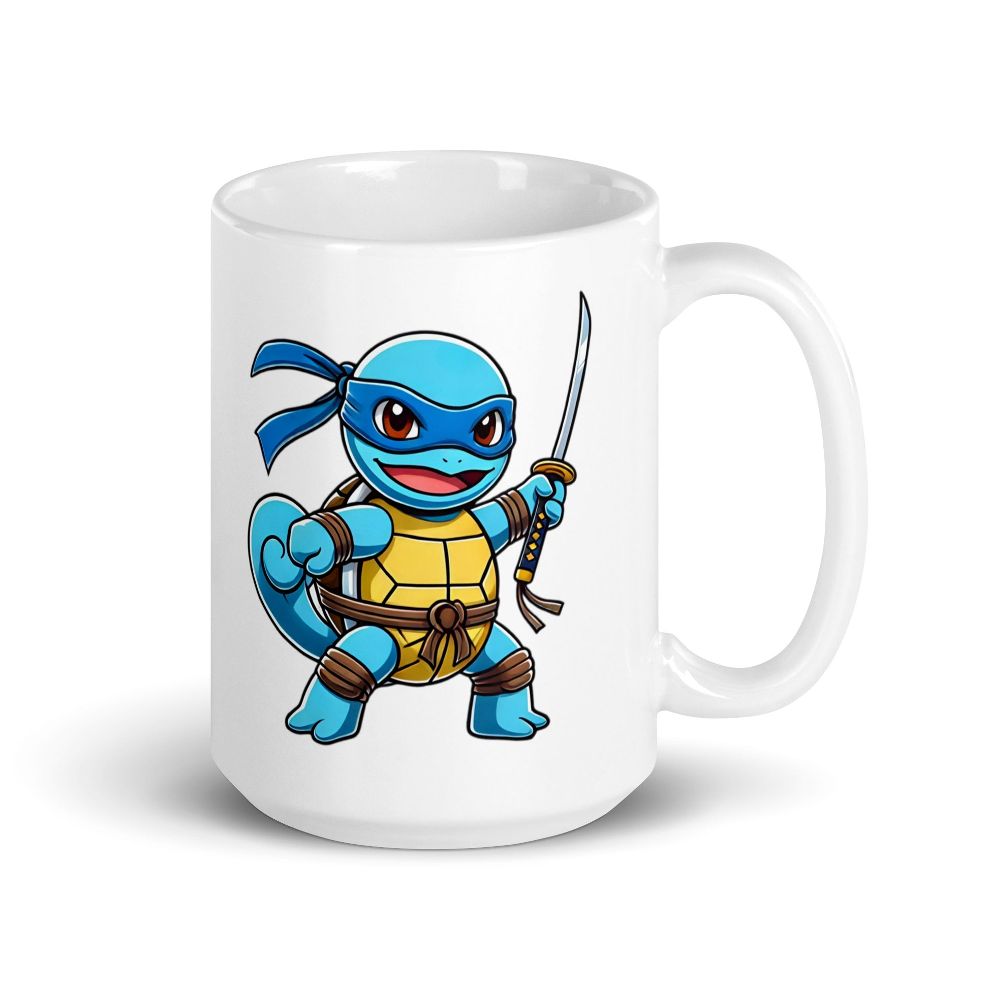 Close-up of the Squirtle Ninja Turtle Mug (15oz), featuring the full Pokémon and Ninja Turtle mashup character, Squirtle dressed as Leonardo, in vibrant print on larger-sized geeky drinkware for fans who need extra fuel.