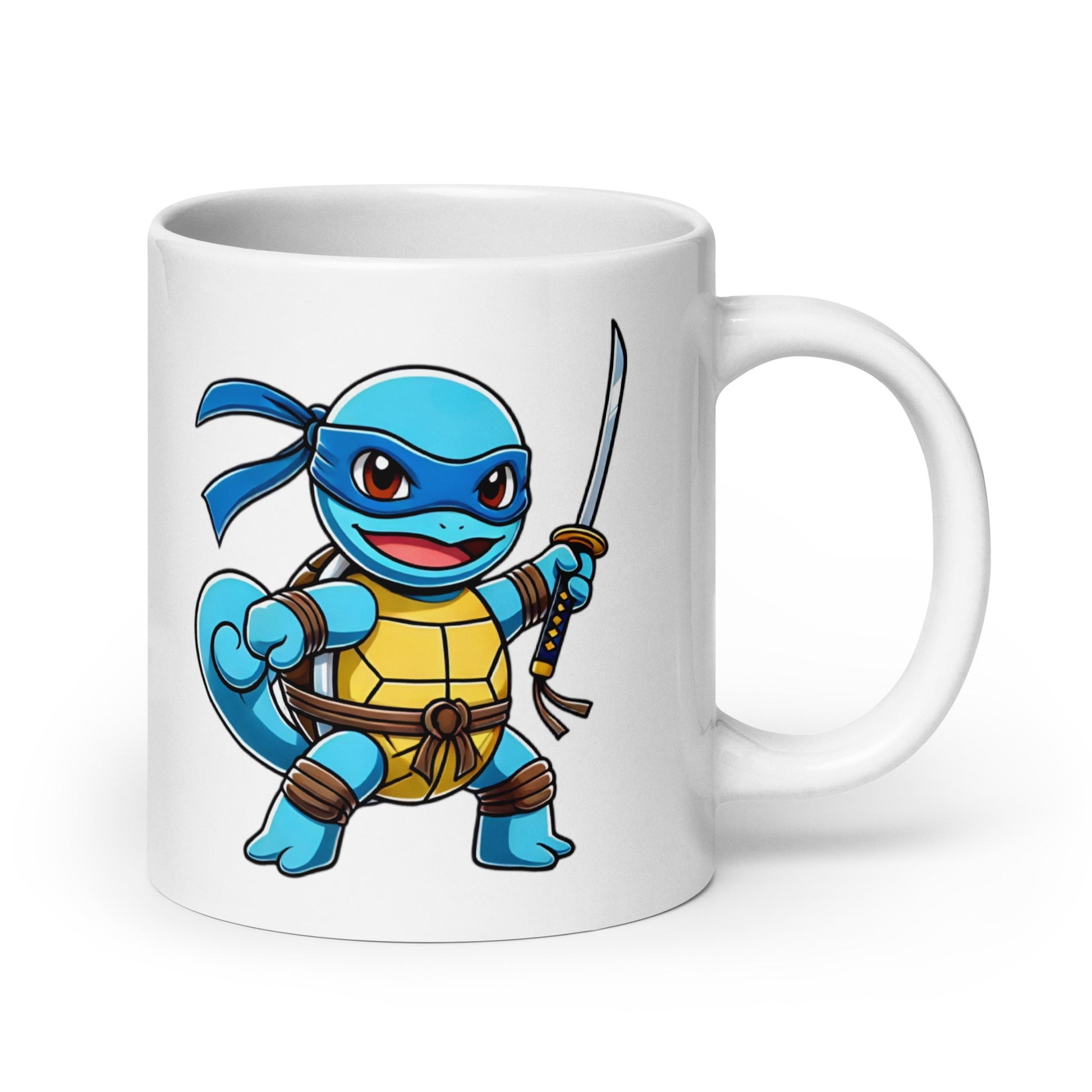 Extra-large Squirtle Ninja Turtle Mug (20oz), featuring Squirtle as Leonardo, the Pokémon x TMNT mashup character, printed on a big, oversized novelty coffee cup—perfect for collectors and fans.