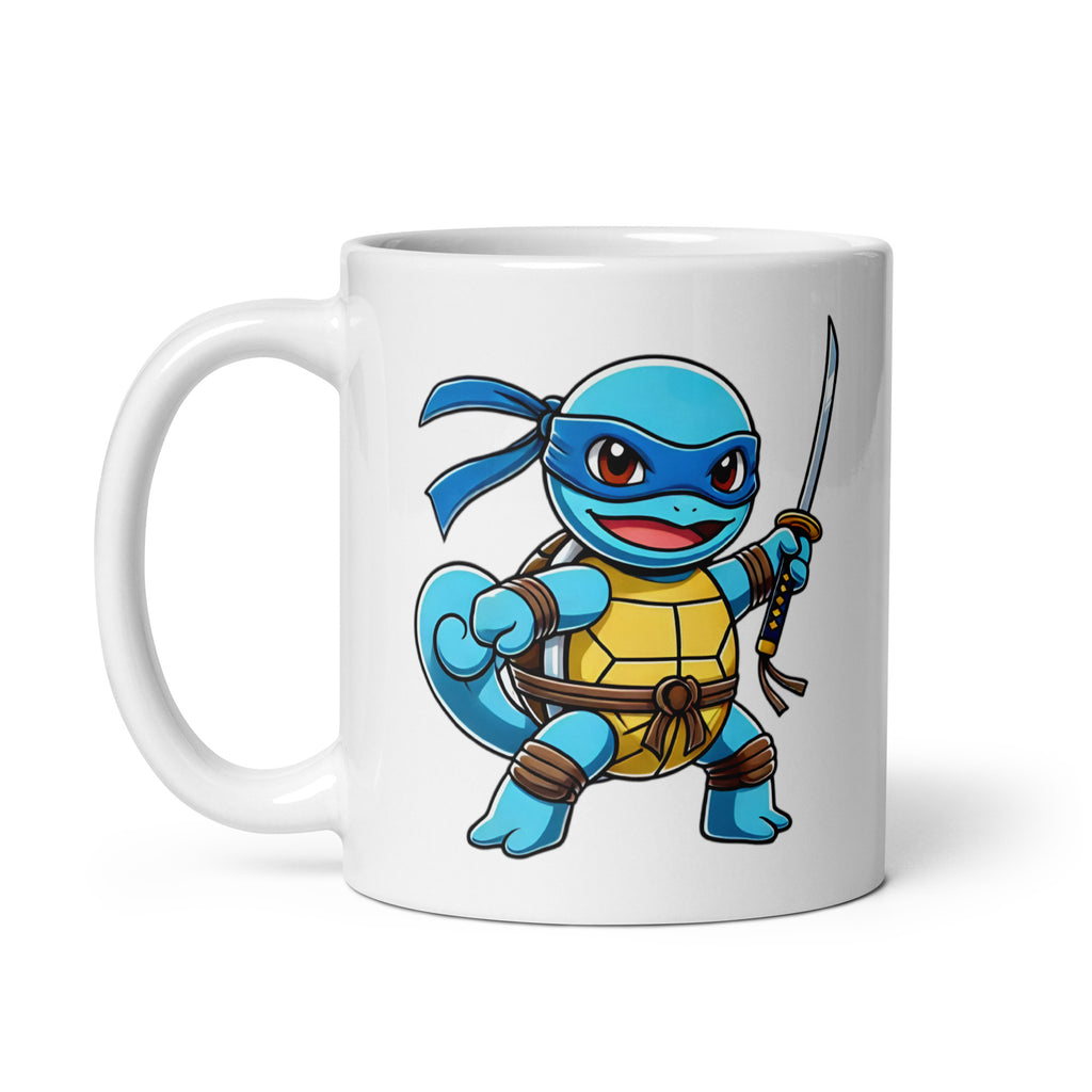 Right-side close-up of the Squirtle Ninja Turtle Mug (11oz), showcasing the full fusion of Squirtle and Leonardo, the Pokémon x TMNT crossover character, on a funny novelty coffee cup.