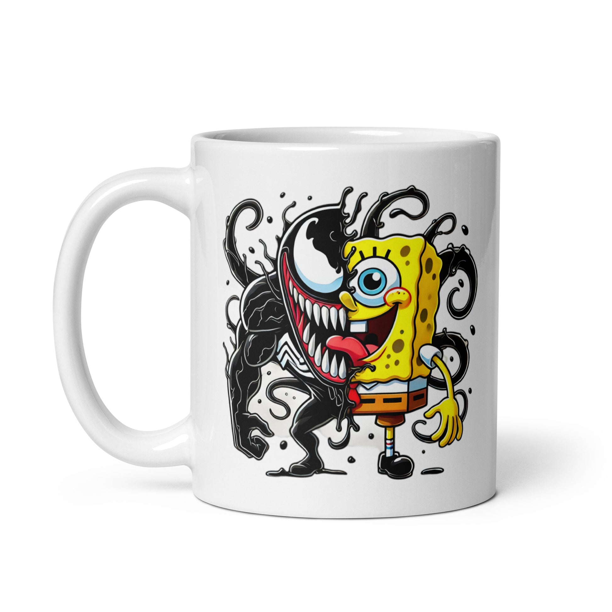 Unique 11oz ceramic mug featuring a mashup of Venom and SpongeBob, handle on the left. Perfect for fans of superheroes, cartoons, and funny drinkware.