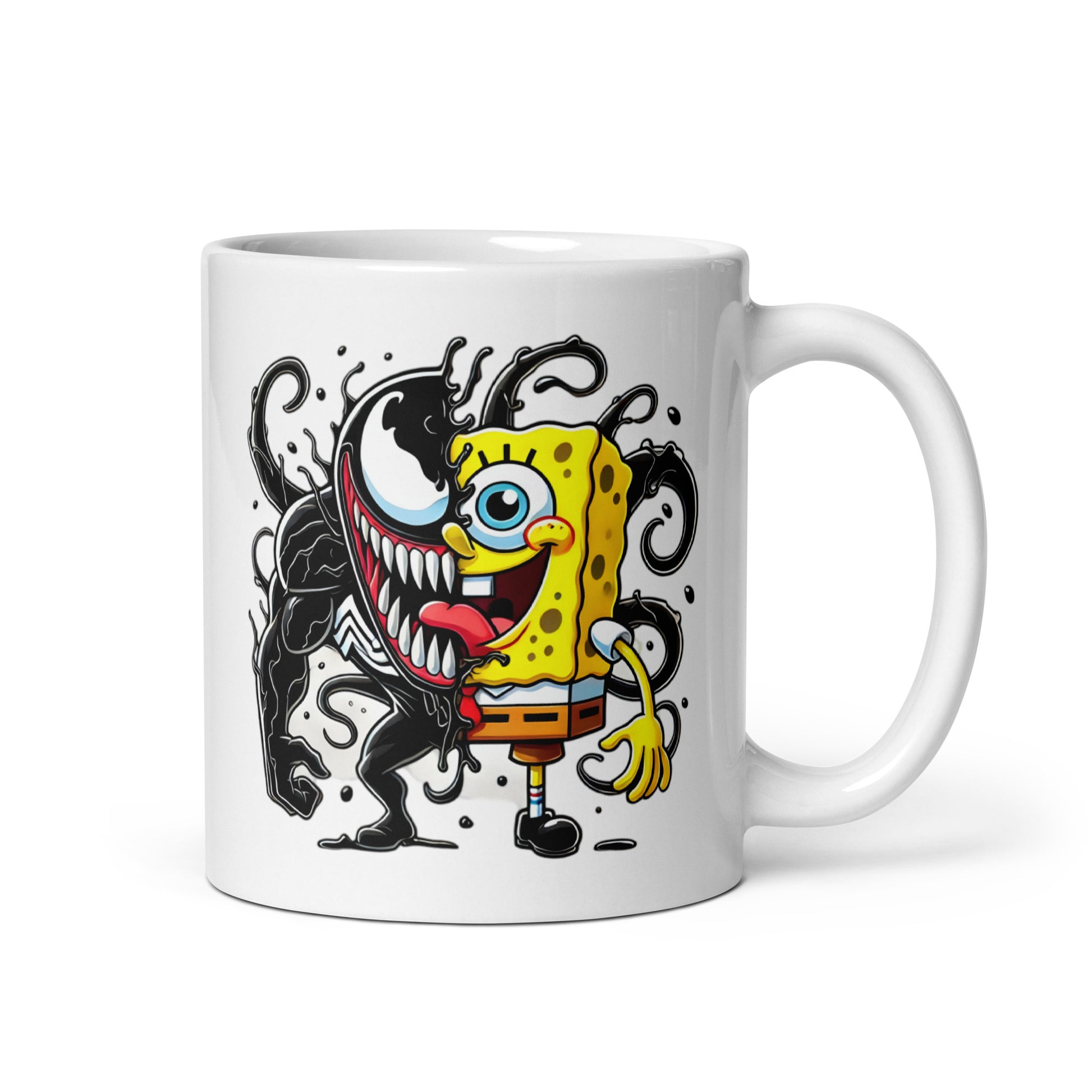 Funny 11oz VenBob coffee mug featuring a mashup of Venom and SpongeBob, with the handle on the right. A quirky pop culture crossover for superhero and cartoon fans.