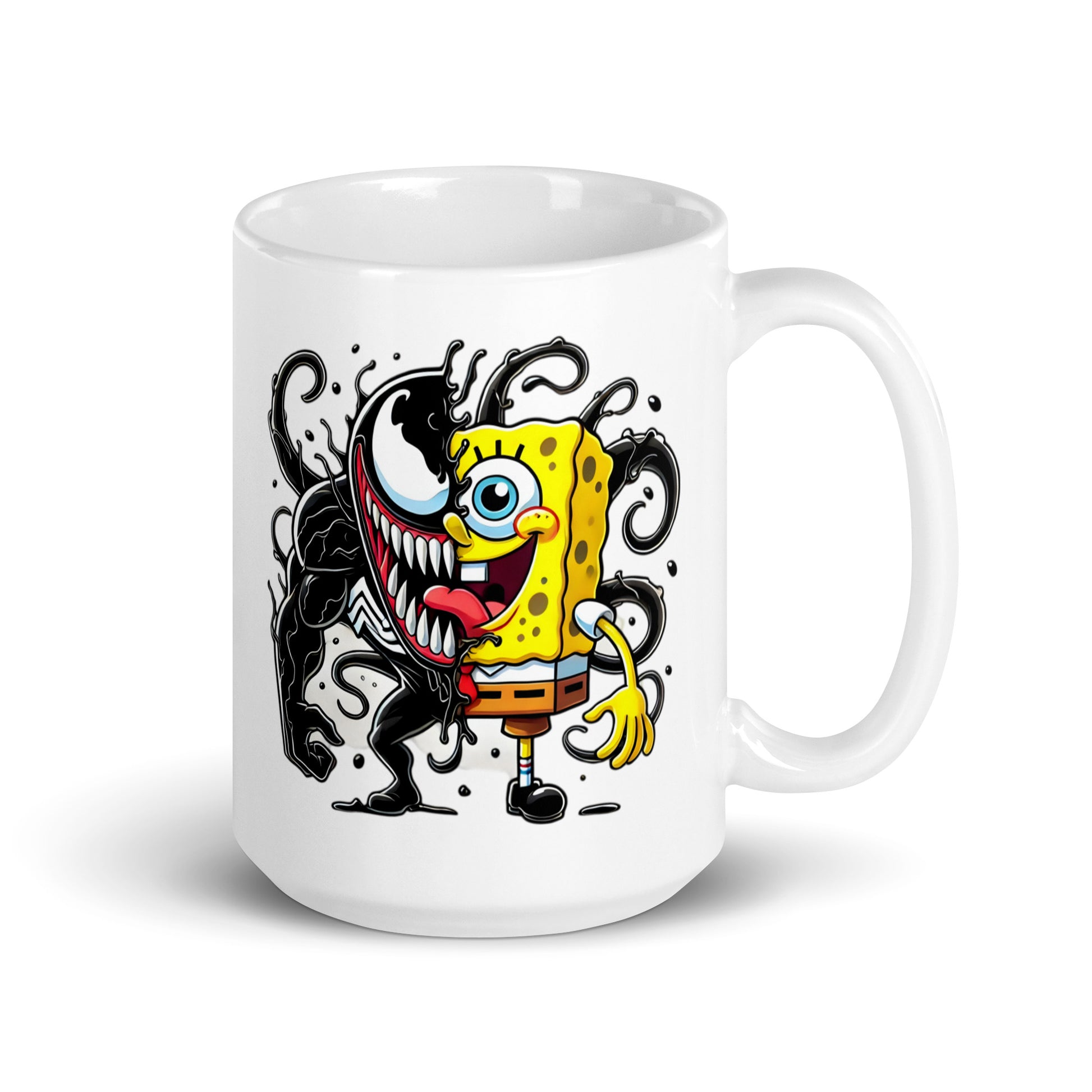 Large 15oz VenBob mug with a hilarious Venom and SpongeBob crossover design, handle on the right. Ideal for coffee drinkers and pop culture enthusiasts.