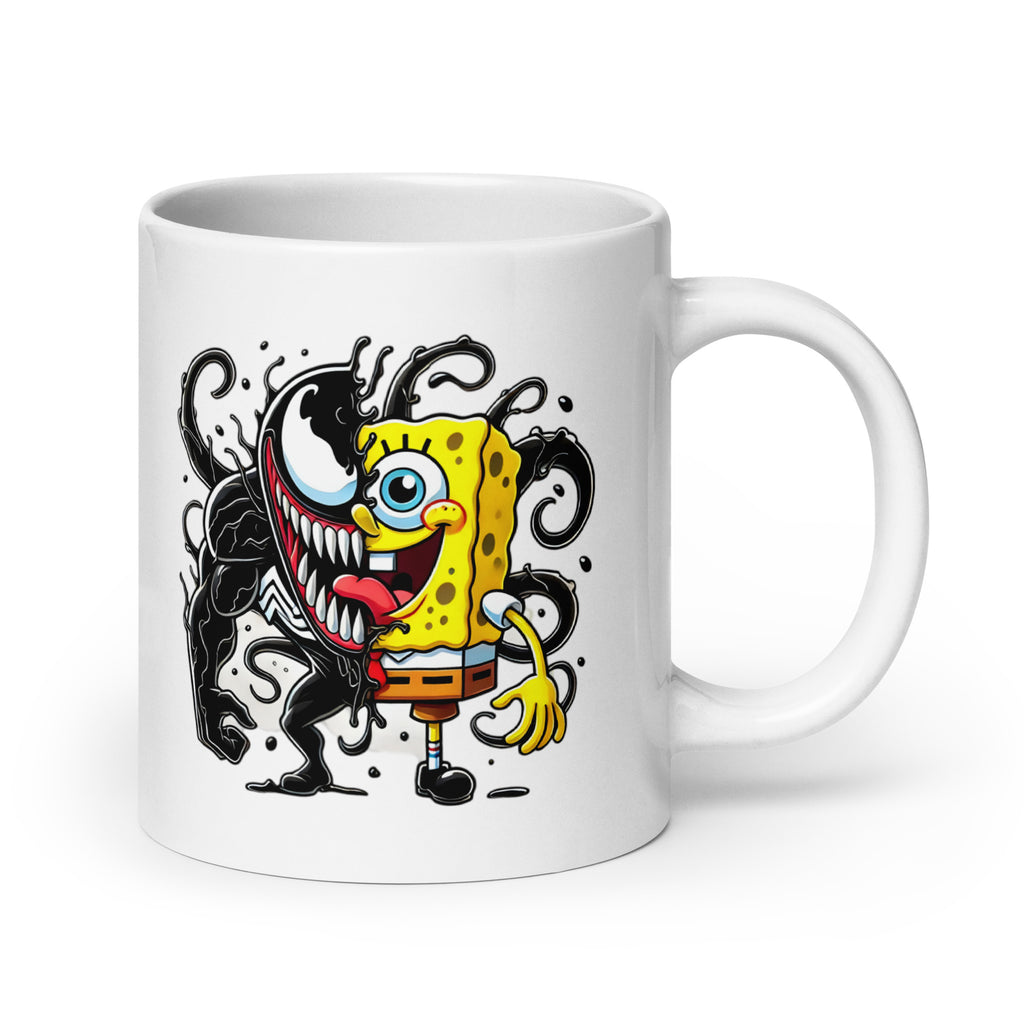 Extra-large 20oz VenBob mug featuring a mashup of Venom and SpongeBob, handle on the right. A fun and geeky drinkware choice for superhero and cartoon fans.