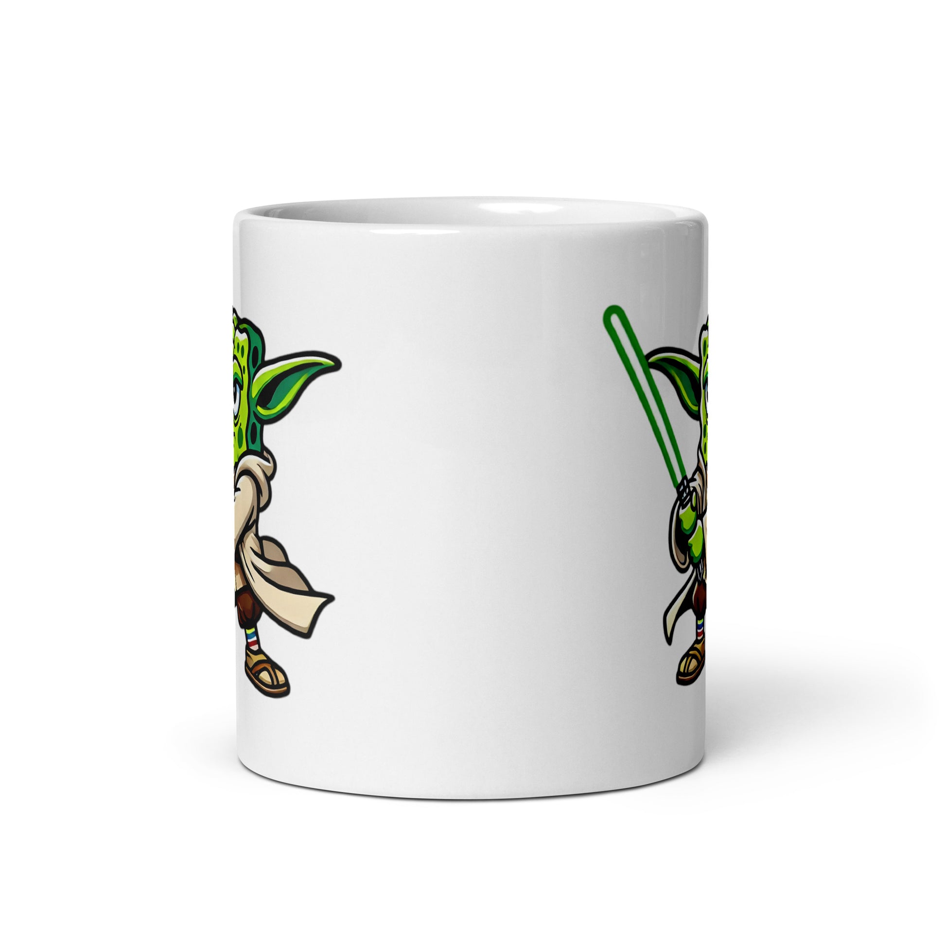 11oz YoBob crossover mug, front view showing artwork on both sides. A must-have for Star Wars fans, meme lovers, and geeky collectors.