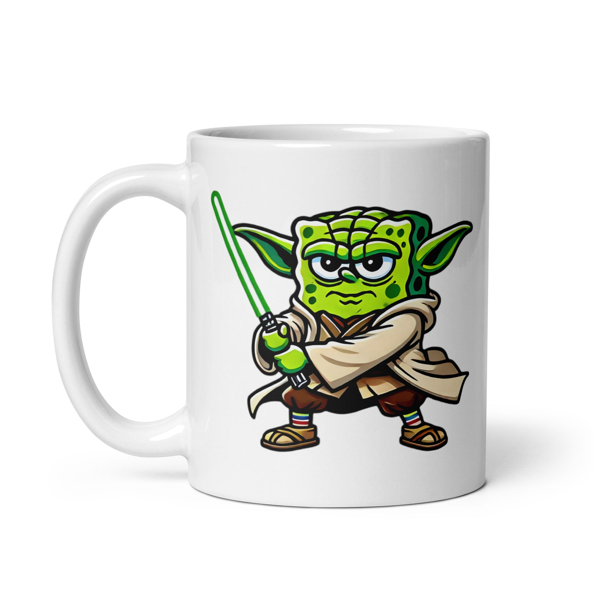 Unique 11oz ceramic mug featuring a mashup of Yoda and SpongeBob, inspired by Star Wars, handle on the left. Perfect for sci-fi and cartoon fans.