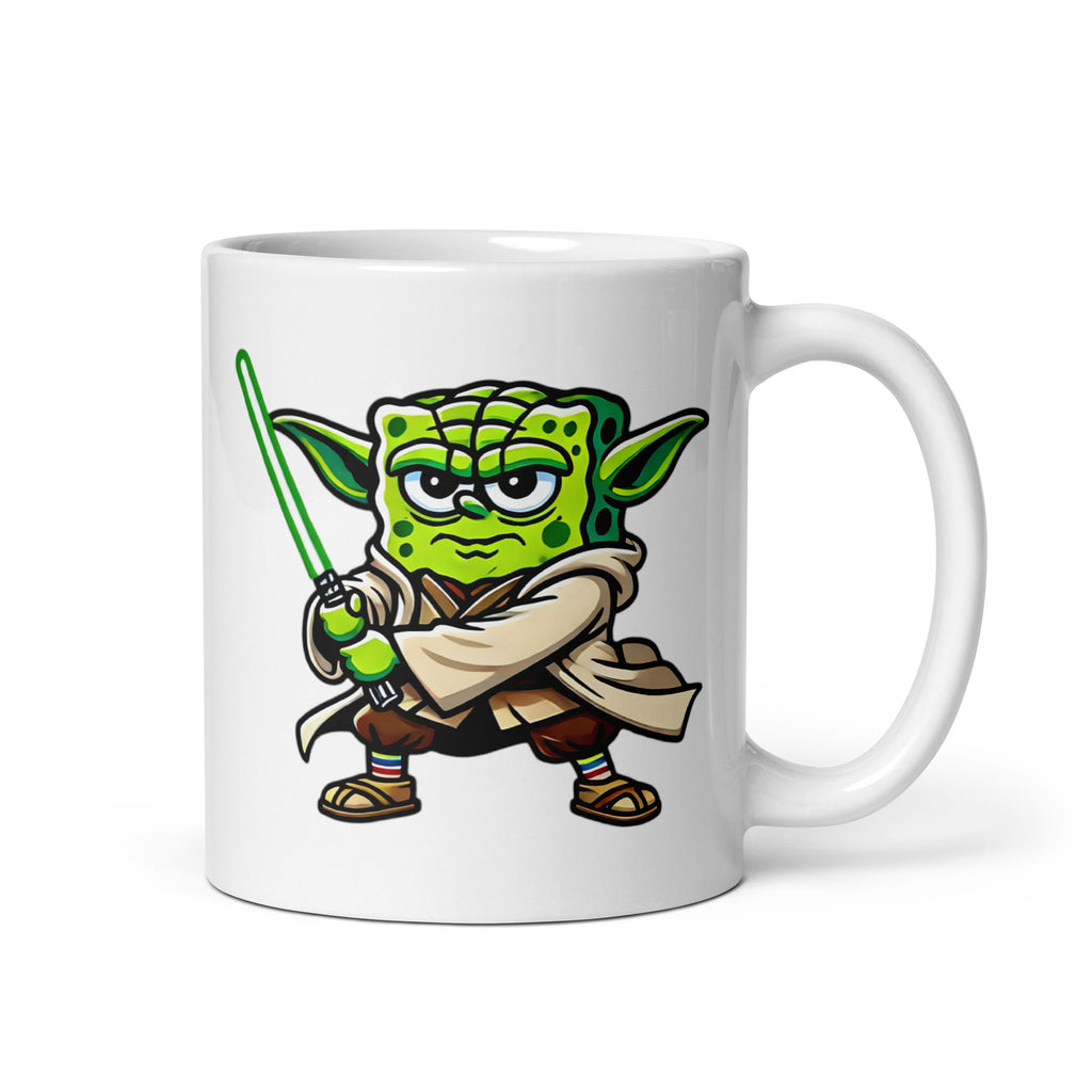 Funny 11oz YoBob coffee mug featuring a mashup of Yoda and SpongeBob, inspired by Star Wars and classic cartoons, with the handle on the right.