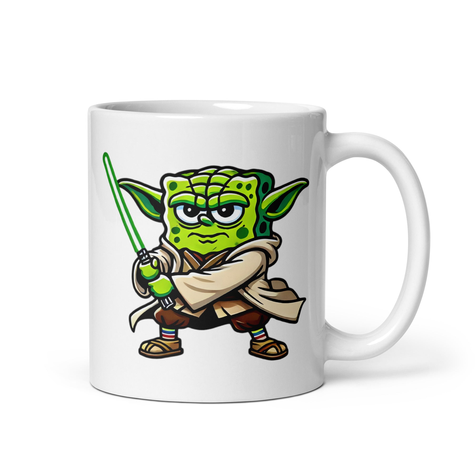 Funny 11oz YoBob coffee mug featuring a mashup of Yoda and SpongeBob, inspired by Star Wars and classic cartoons, with the handle on the right.