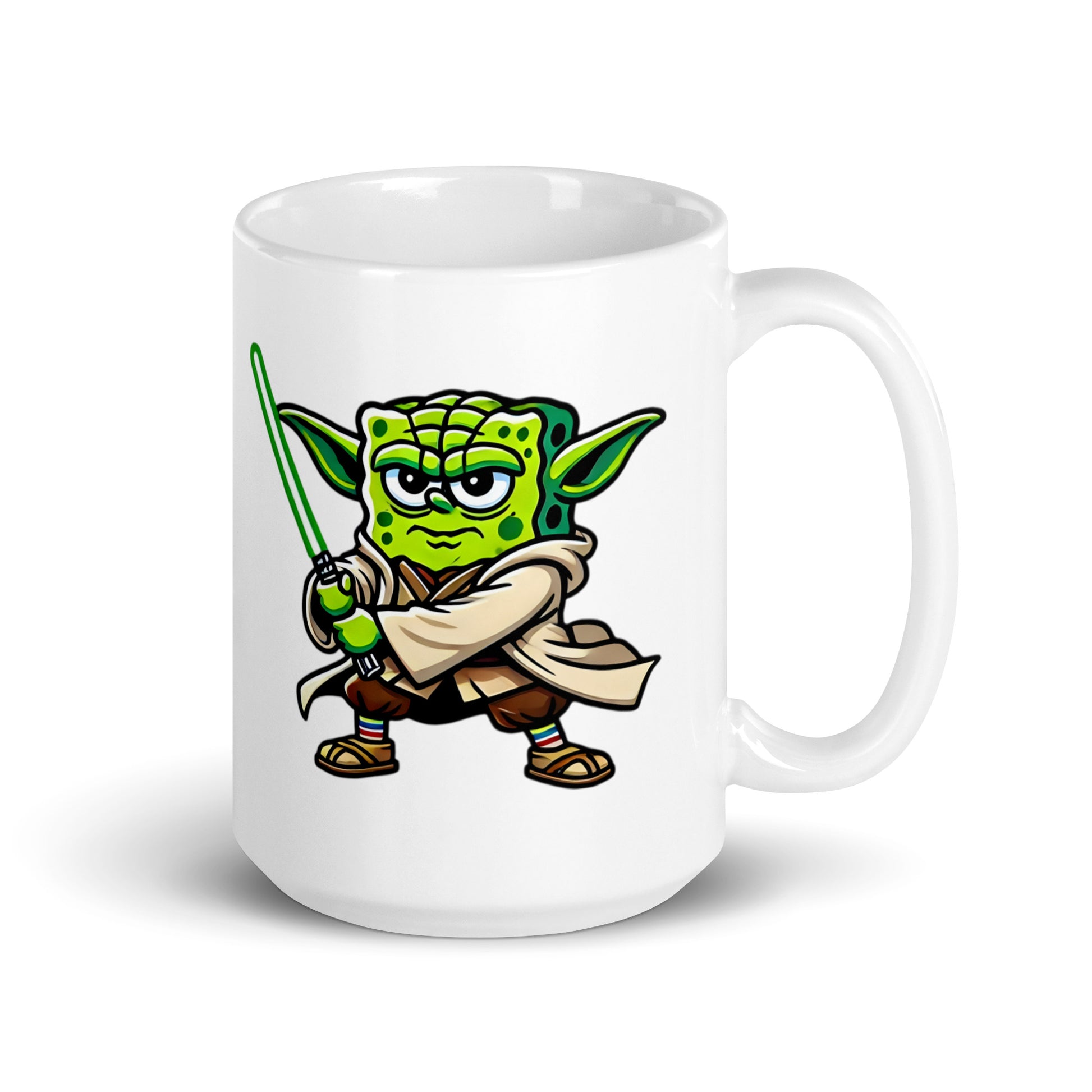 Large 15oz YoBob mug with a hilarious Yoda and SpongeBob crossover design, inspired by Star Wars, handle on the right. Ideal for coffee drinkers and pop culture enthusiasts.