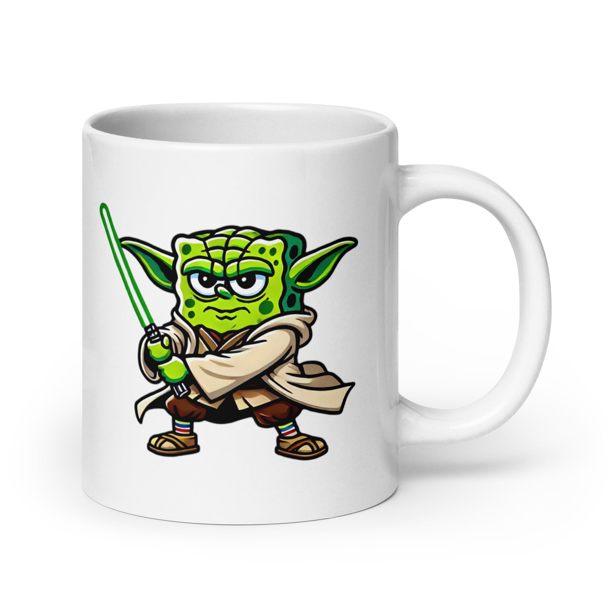 Extra large 20oz YoBob mug featuring a mashup of Yoda and SpongeBob, inspired by Star Wars, handle on the right. A fun and geeky drinkware choice for sci-fi and cartoon fans.